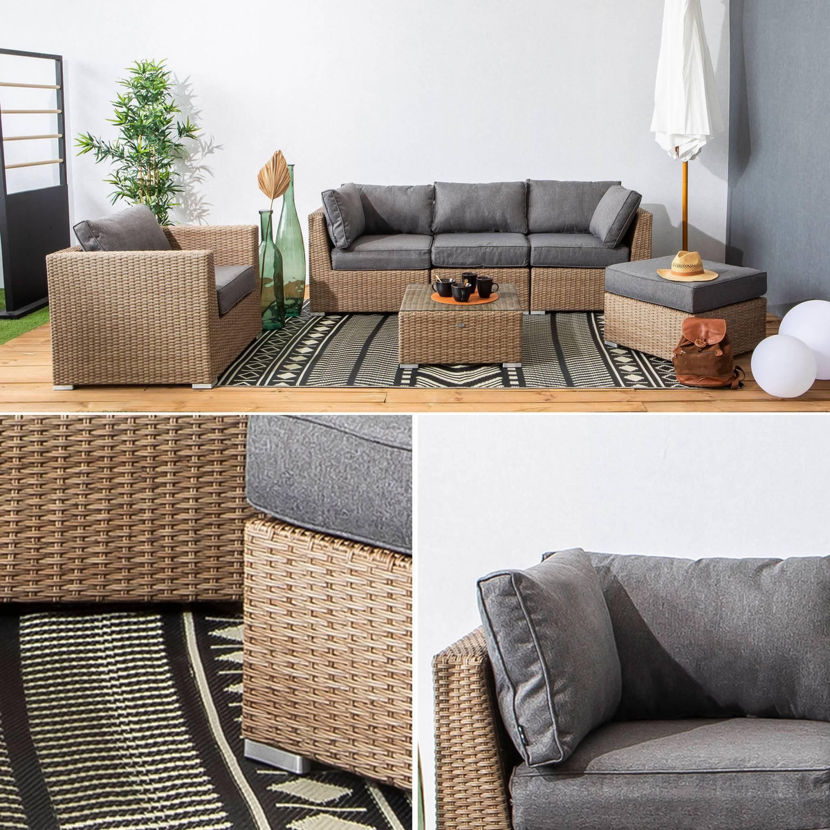 SWEEEK Salon de jardin haut de gamme en résine tressée arrondie VINCI 5 places