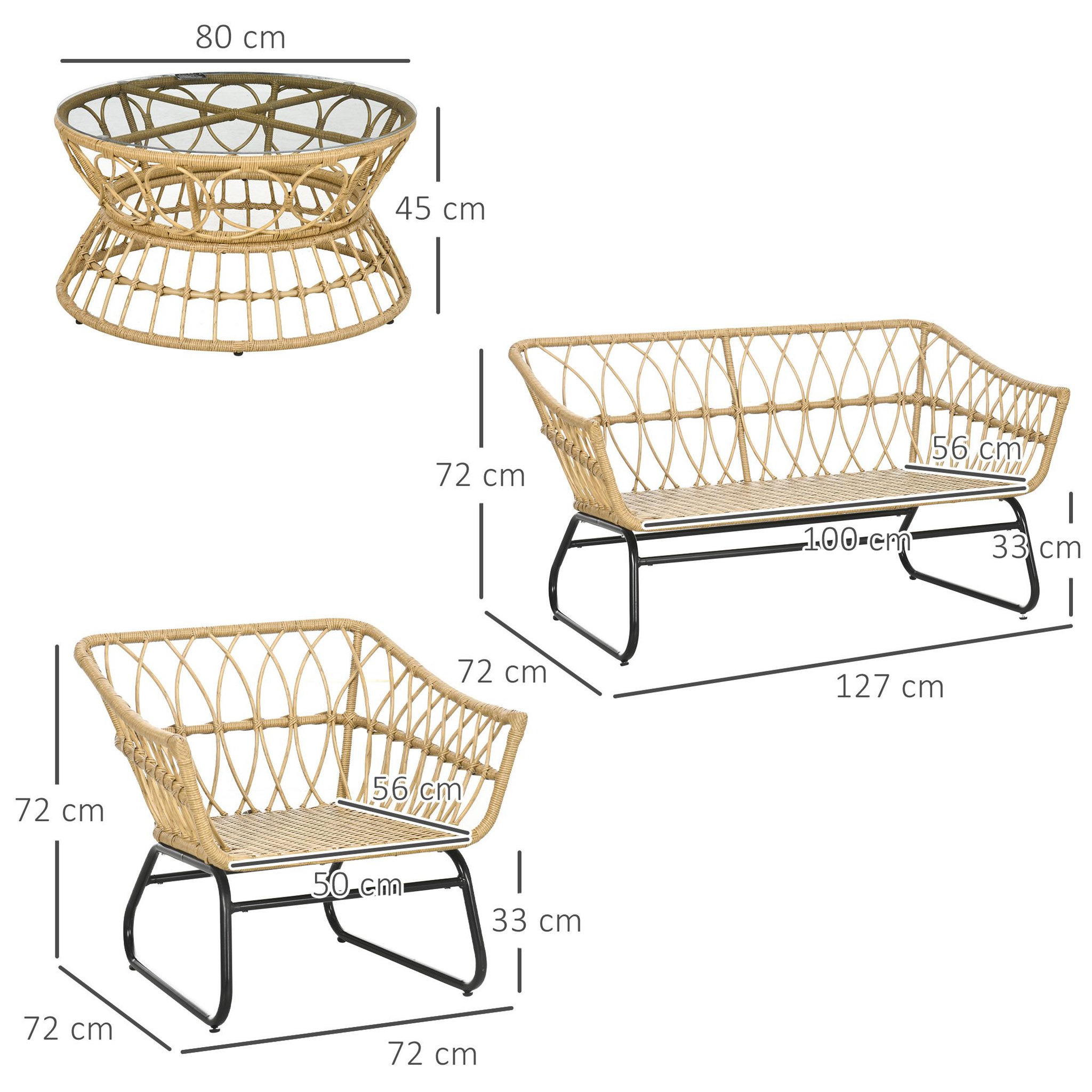 Voir la diapositive 3 : OUTSUNNY Salon de jardin 4 places 4 pièces 7 coussins inclus acier époxy résine tressée beige