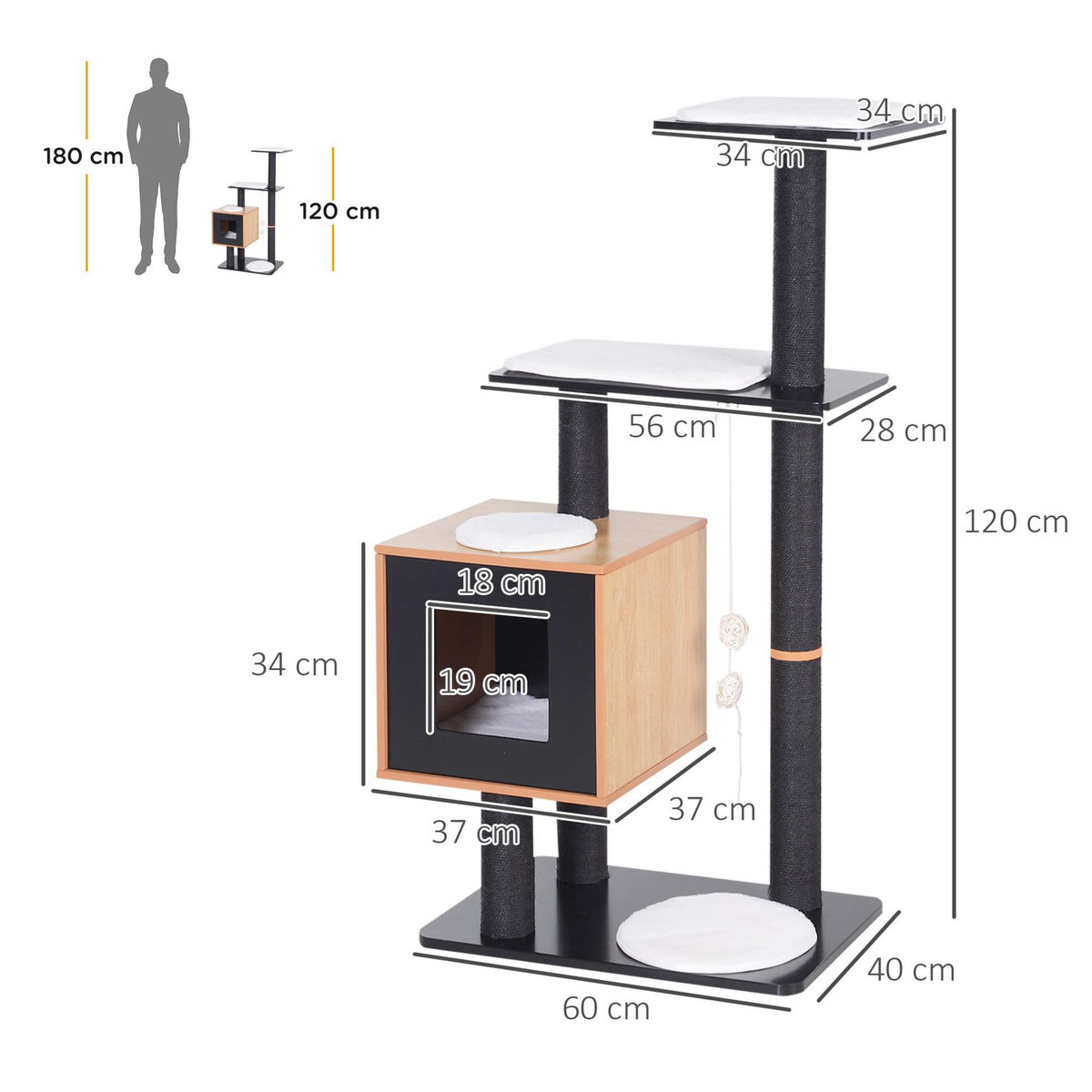 PAWHUT Arbre à chats design contemporain griffoirs grattoirs sisal naturel centre d'activités niche plate-formes jeu boules suspendues 71L x 49l x 120H cm MDF noir hêtre