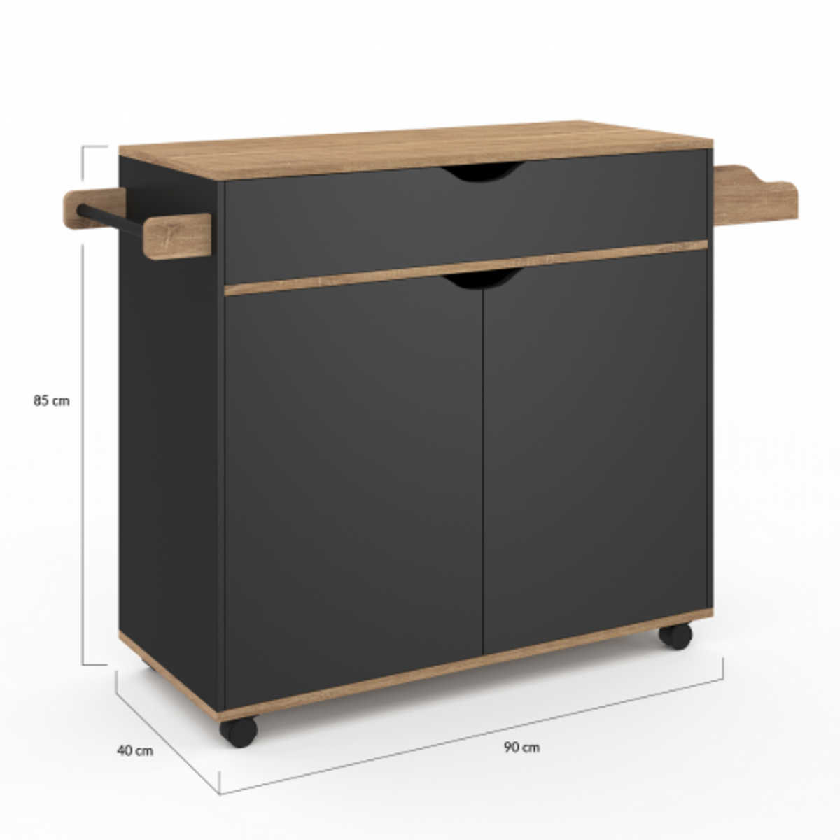 ID MARKET Desserte de cuisine COSY XXL placard avec tiroir noir et plateaux façon hêtre L.90 CM