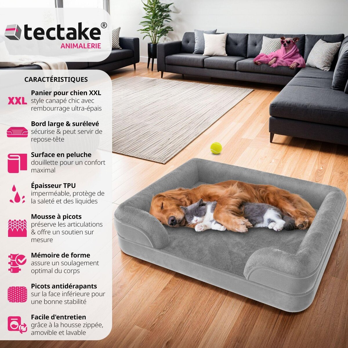 tectake Panier pour chien orthopédique avec housse en peluche déperlante et amovible gris L (94 x 72 x 18 cm)