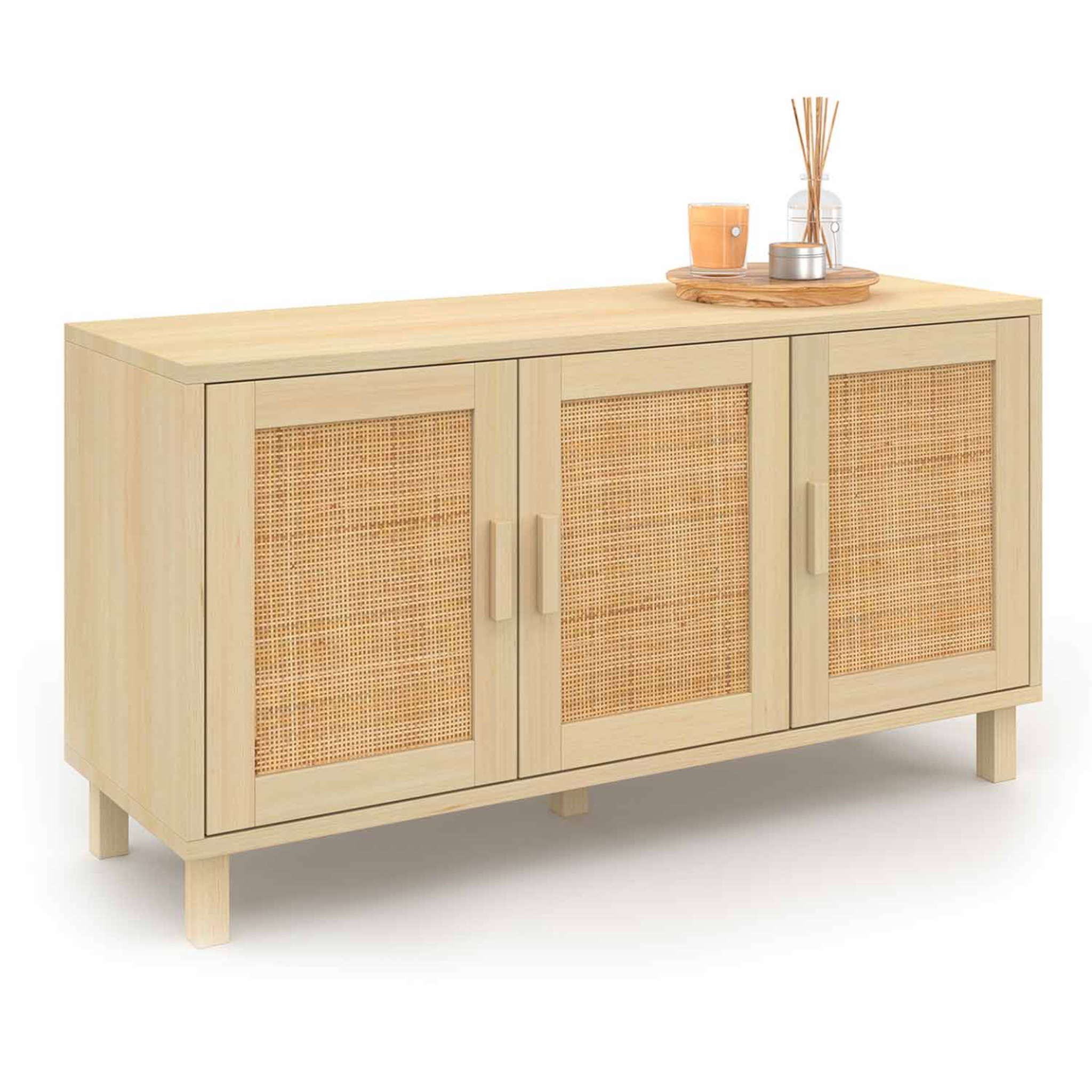 ID MARKET Buffet bas vintage 113 cm ELIN 3 portes effet naturel cannage