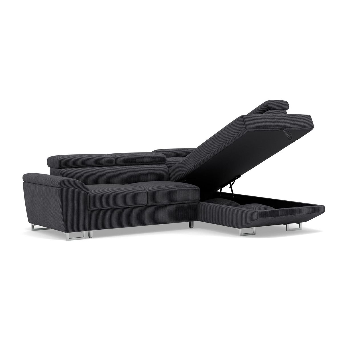 BEST MOBILIER Baoji - canapé d'angle droit 5 places convertible avec têtières et coffre en velours côtelé