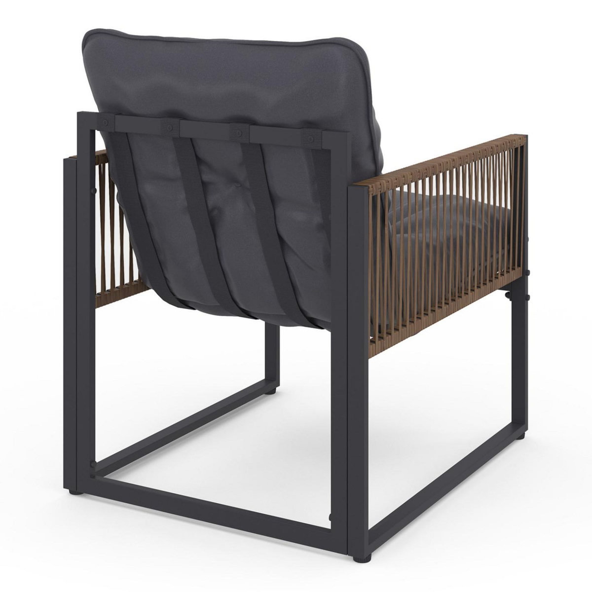 ID MARKET Salon de jardin bas RIO 6 places structure métal et cordage effet rotin avec coussin gris