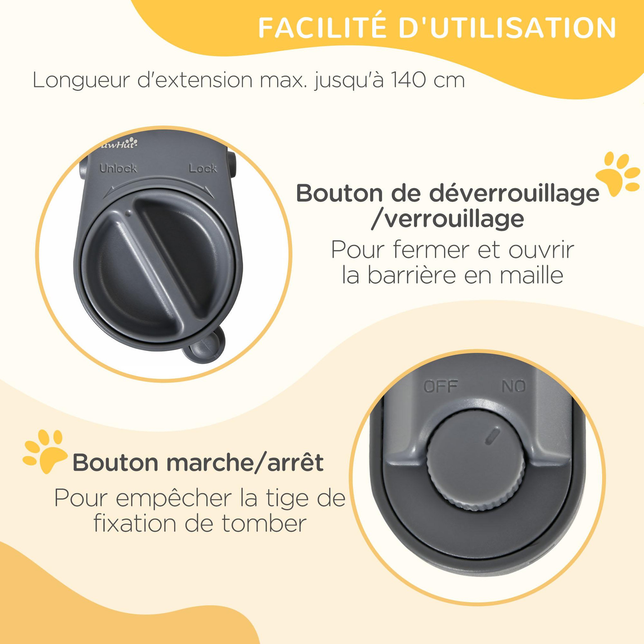 Voir la diapositive 4 : PAWHUT Barrière de sécurité barrière animaux rétractable automatique dim. 1,4L x 0,88H m aluminium maille PVC blanc
