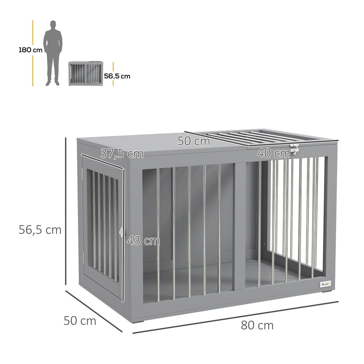 PAWHUT Cage chien intérieure niche pour chien 2 portes verrouillables 80 x 50 x 56,5 cm gris