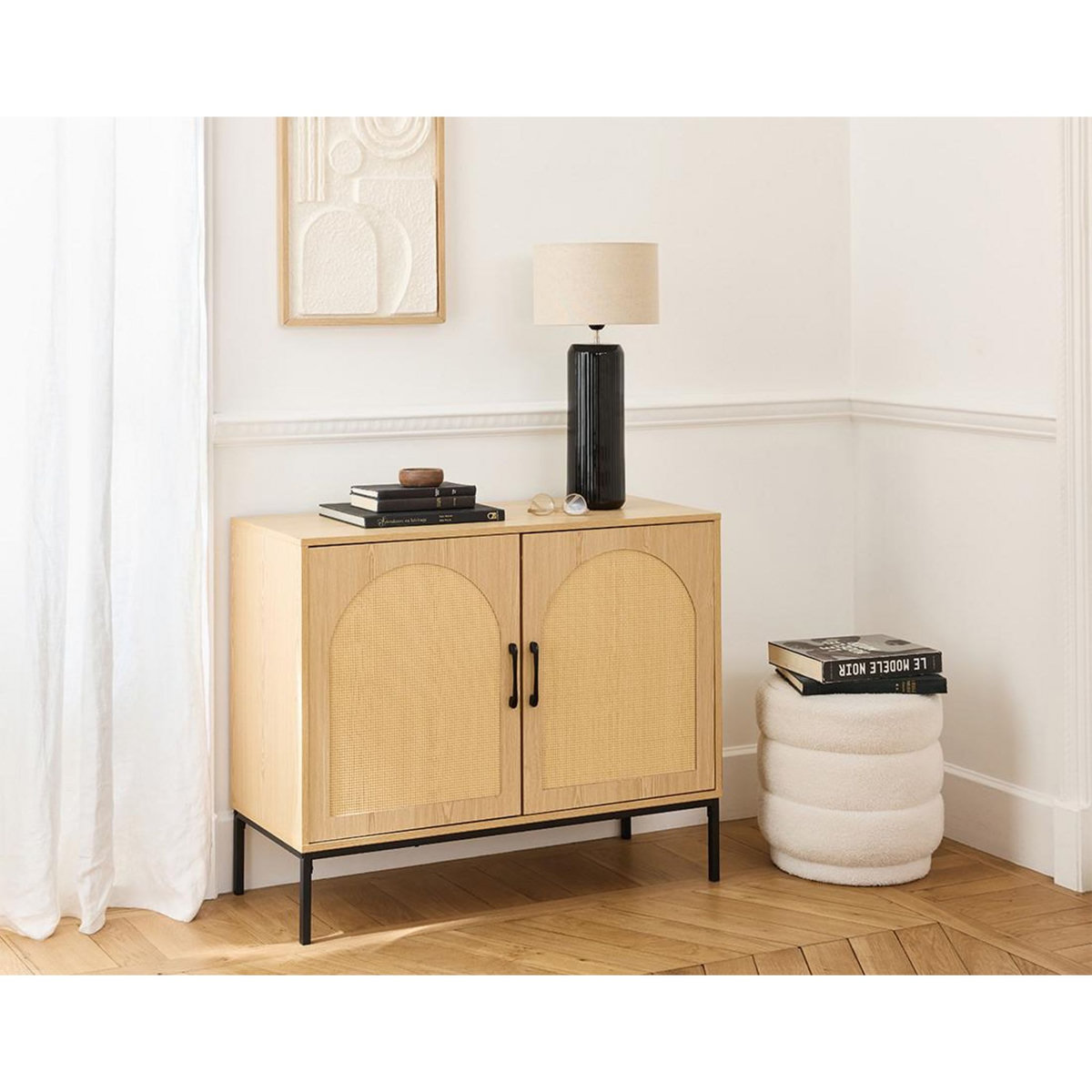 BEST MOBILIER Nagato - buffet bas - cannage et effet bois - 2 portes - 100 cm