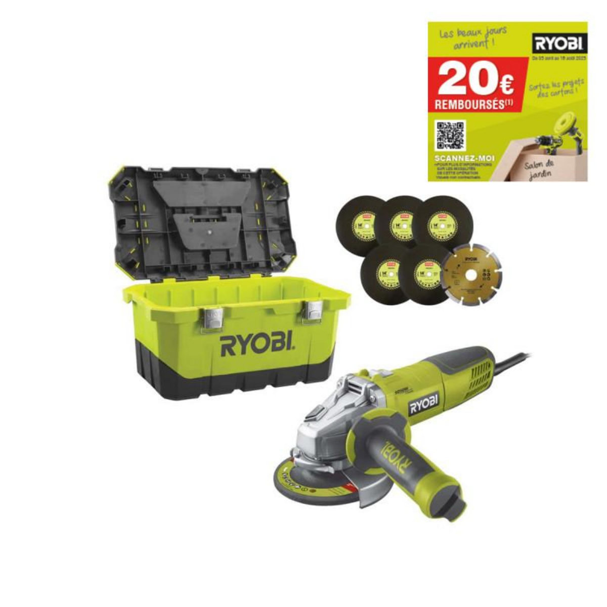 Ryobi Meuleuse d'angle RYOBI - 1010W - 125mm - 1 coffret de rangement - RAG1010-125TA6