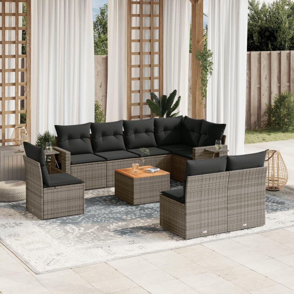 VIDAXL Salon de jardin 9 pcs avec coussins gris resine tressee