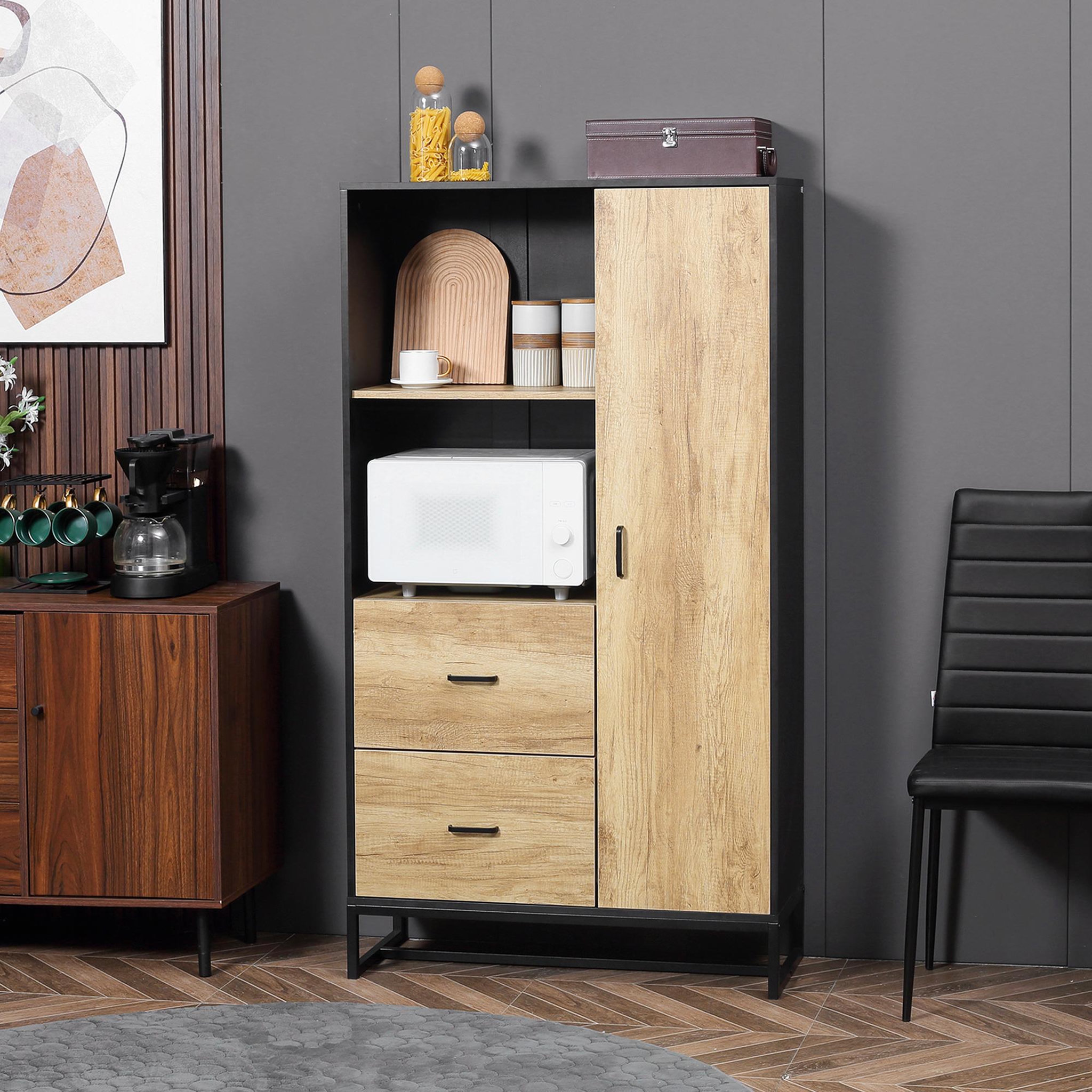 Voir la diapositive 2 : HOMCOM Buffet haut multi-rangement une porte 3 étagères 2 tiroirs 2 niches piètement acier noir aspect chêne clair