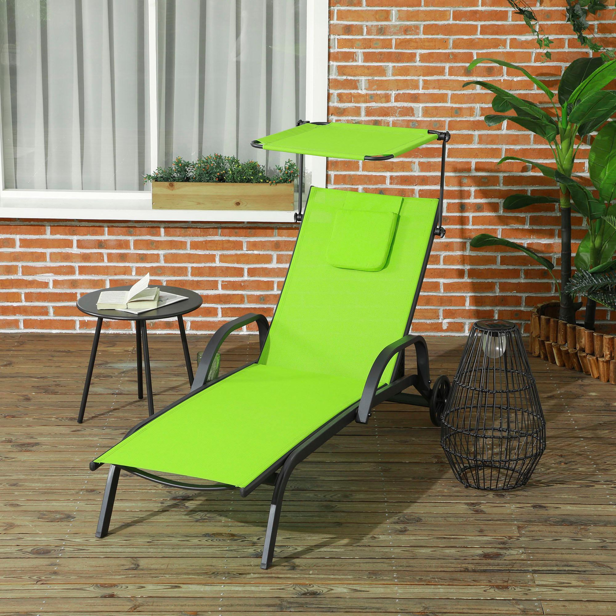Voir la diapositive 2 : OUTSUNNY Bain de soleil transat inclinable pare-soleil réglable roulettes acier textilène vert