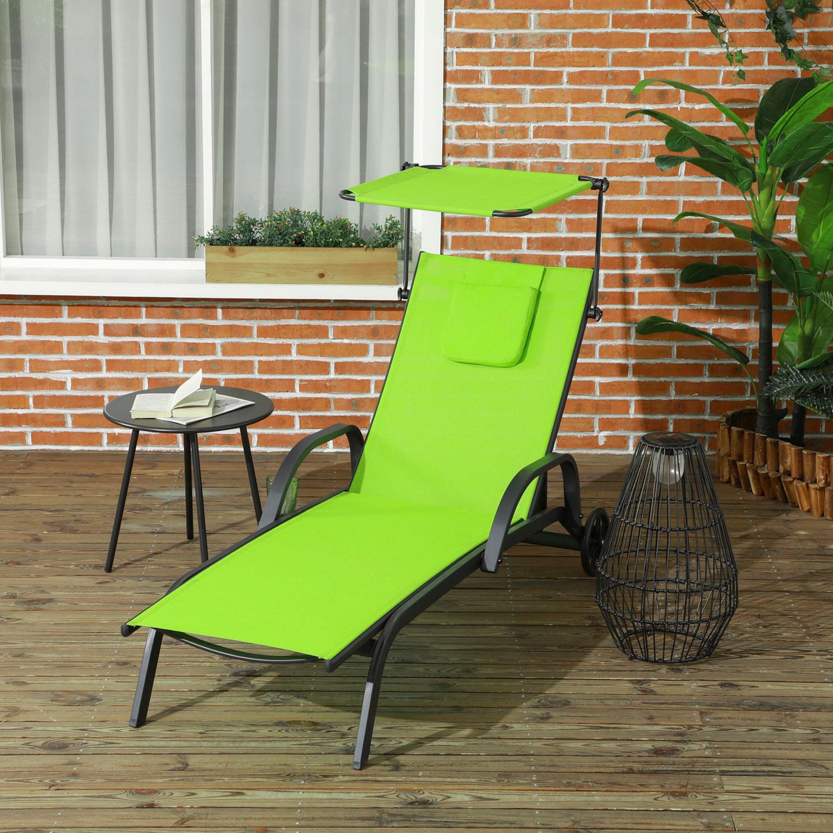 OUTSUNNY Bain de soleil transat inclinable pare-soleil réglable roulettes acier textilène vert