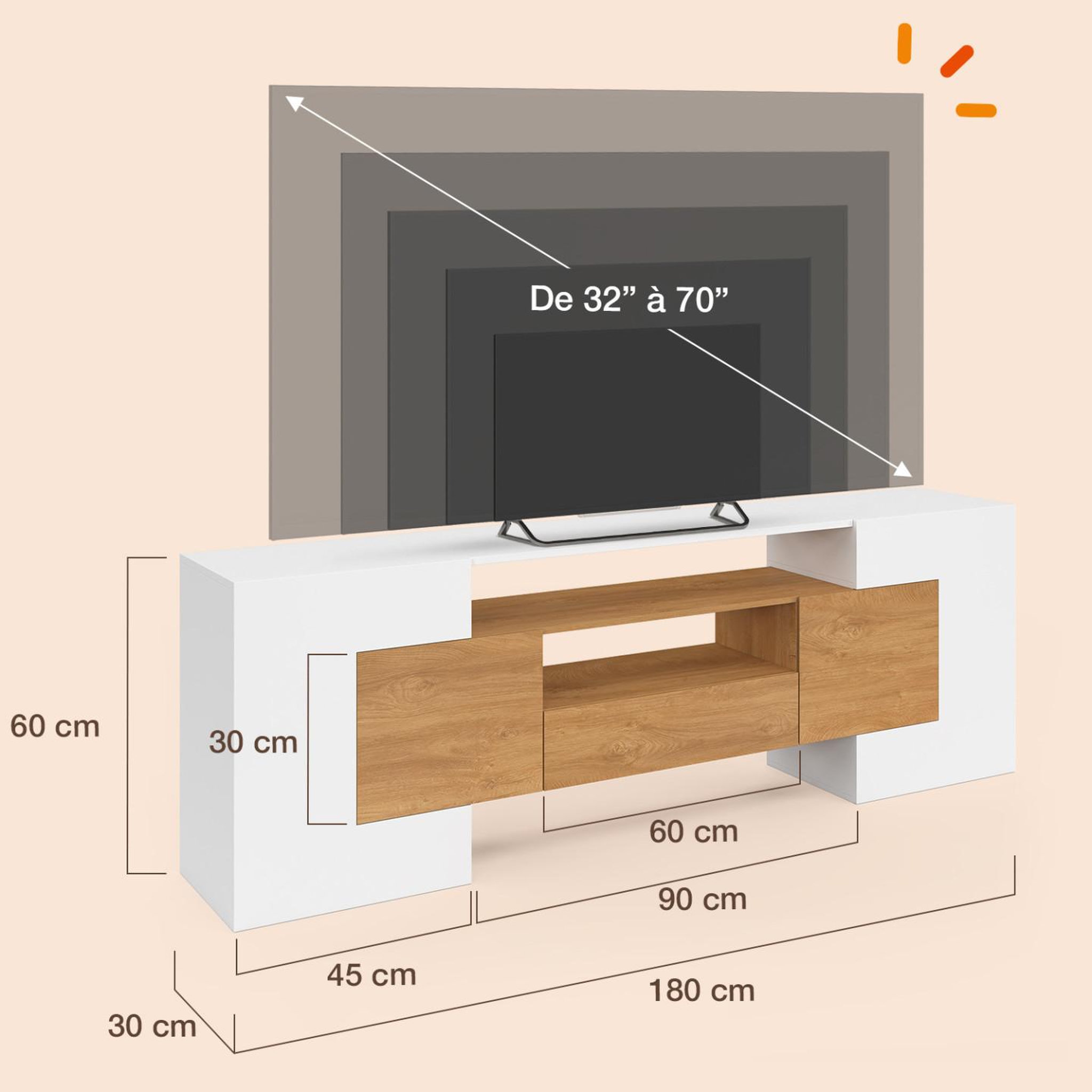 Voir la diapositive 5 : ID MARKET Meuble TV XXL 180 cm MARIO 4 portes et 1 tiroir bois et blanc