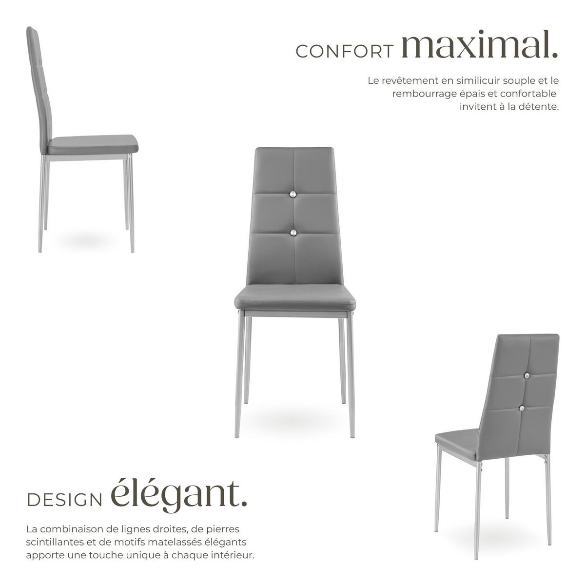 tectake Ensemble de chaises de salle à manger rembourré avec revêtement aspect cuir gris Lot de 4