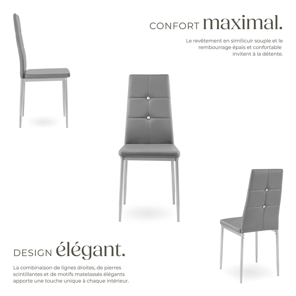 tectake Ensemble de chaises de salle à manger rembourré avec revêtement aspect cuir gris Lot de 4