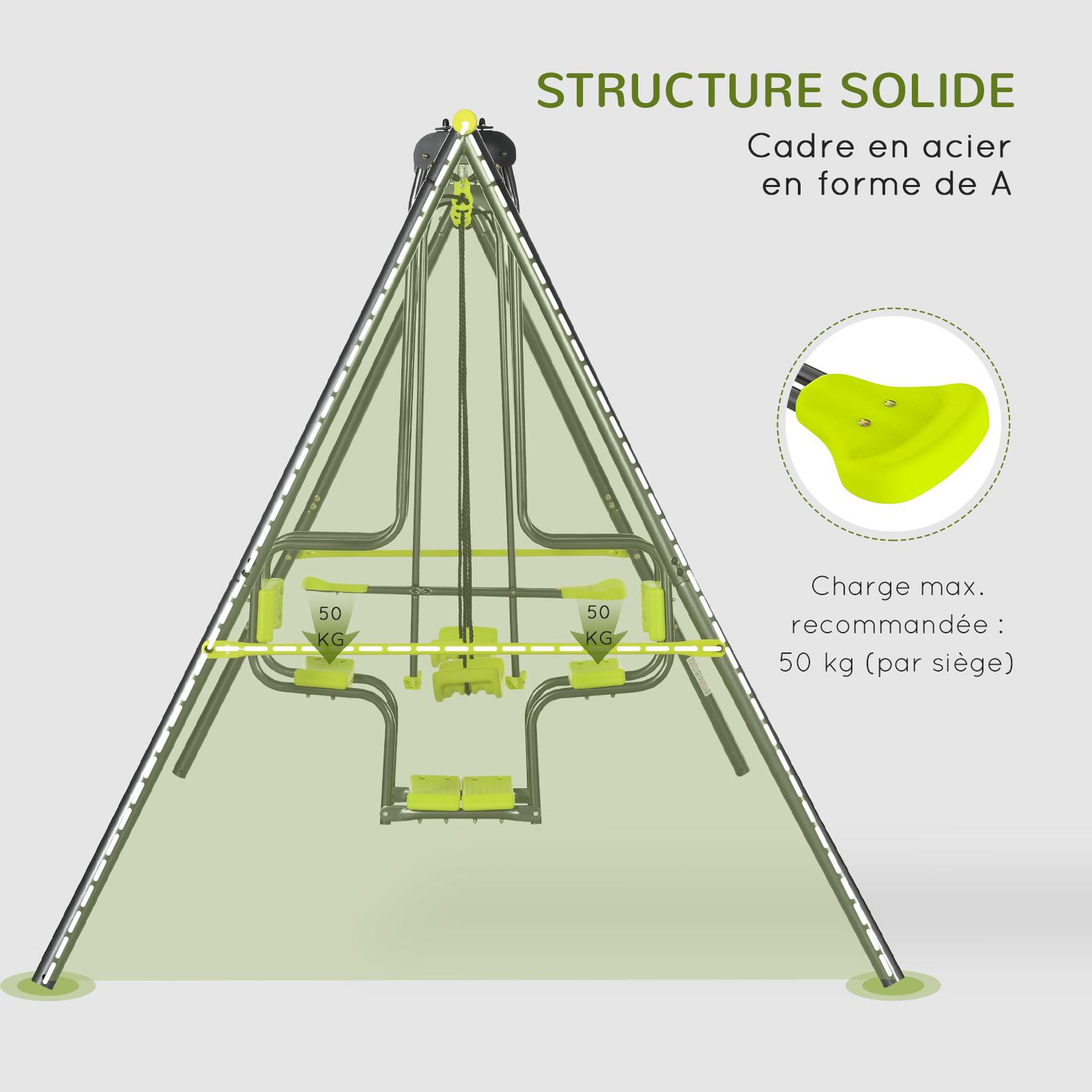 Voir la diapositive 6 : OUTSUNNY Balançoire 4 agrès portique avec 2 balançoires et 2 face à face dim. 3,55L x 1,84l x 1,86H m acier époxy gris PE vert