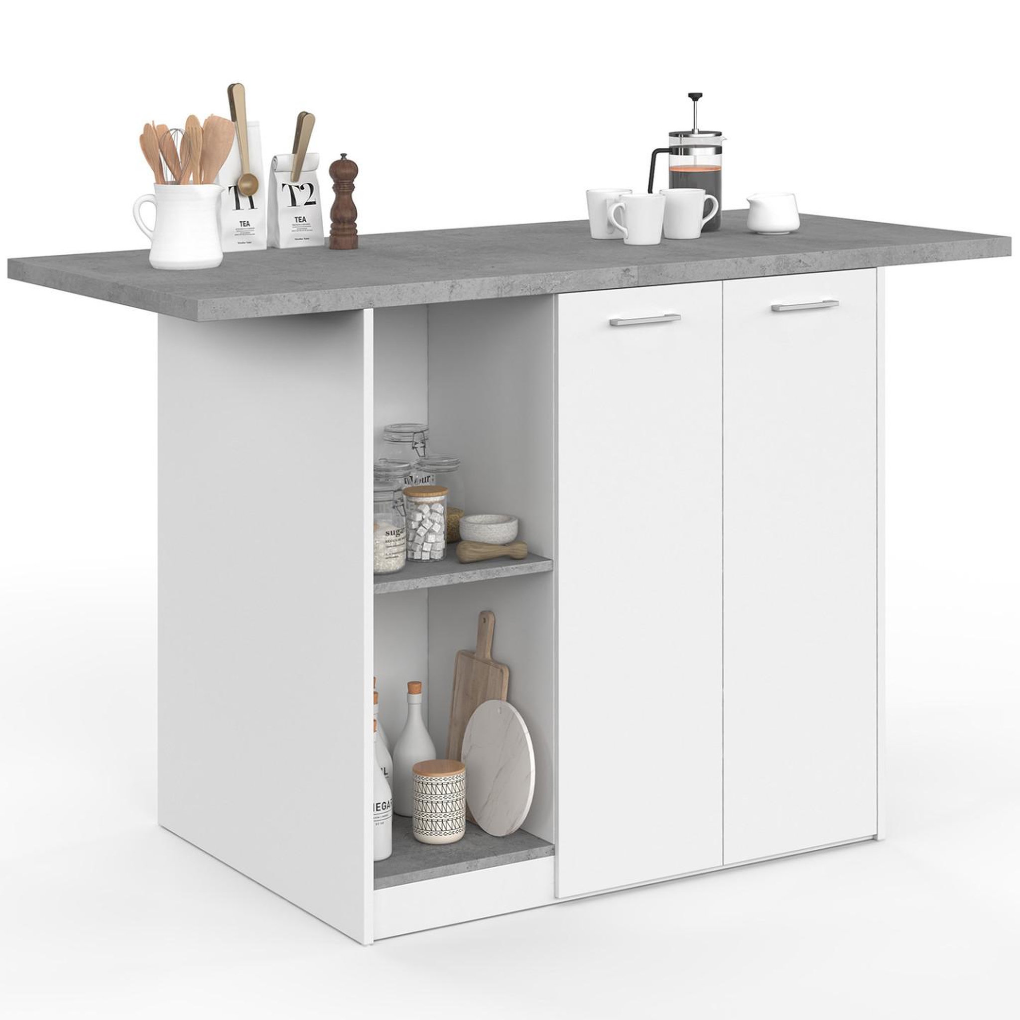 ID MARKET Ilot central bao 140 cm 4 personnes bois blanc avec plan de travail effet béton
