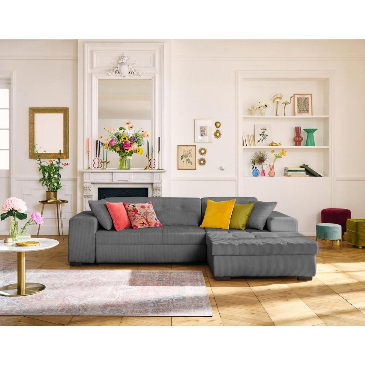 LISA DESIGN Vermont - canapé d'angle droit - 4 places - convertible avec coffre - en velours côtelé