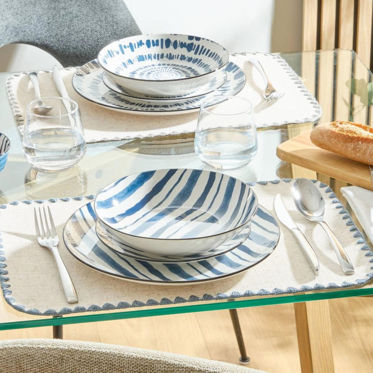 SECRET DE GOURMET Lot de 6 Assiettes Creuses  Umami Rayure  20cm Bleu