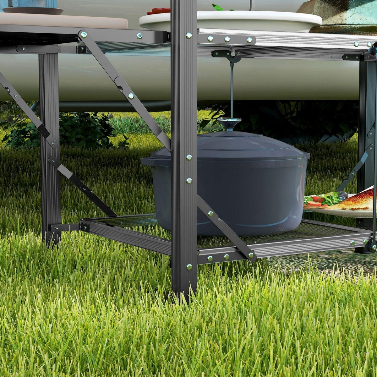 OUTSUNNY Rangement cuisine de camping pliable 2 étagères 4 tablettes plateau sac acier alu