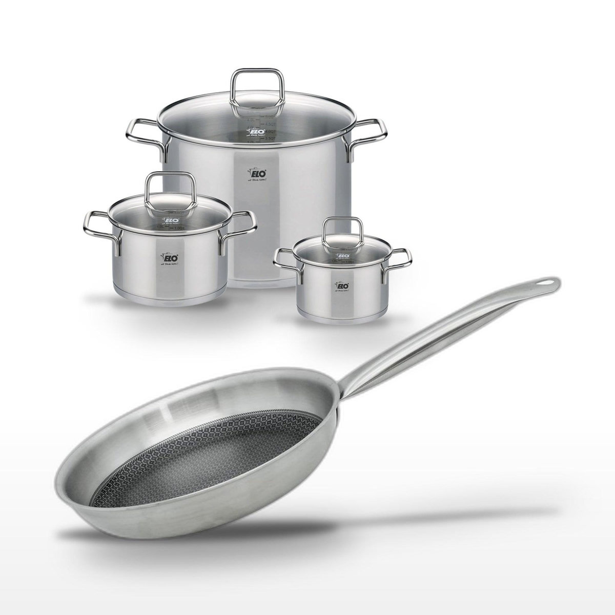 ELO Lot de 3 Faitouts 16/20/26 cm et Poêle 28 cm Elo Relief Solution