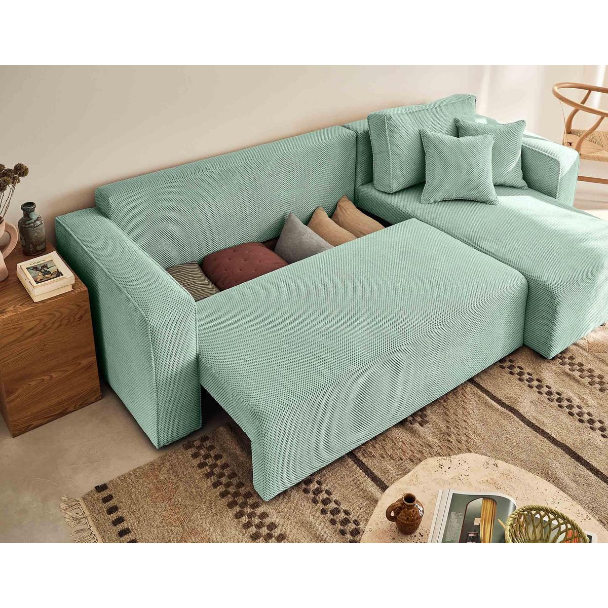 BEST MOBILIER Topaze - canapé d'angle réversible - 4 places - convertible avec coffre - en velours texturé