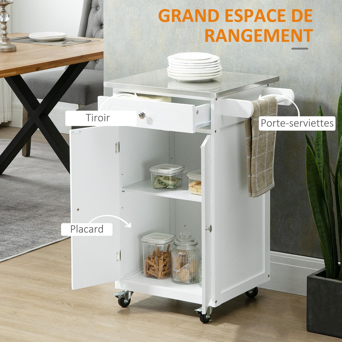 HOMCOM Desserte de cuisine multi-rangements 1 tiroir placard 2 portes avec étagère porte-torchons MDF acier inox.