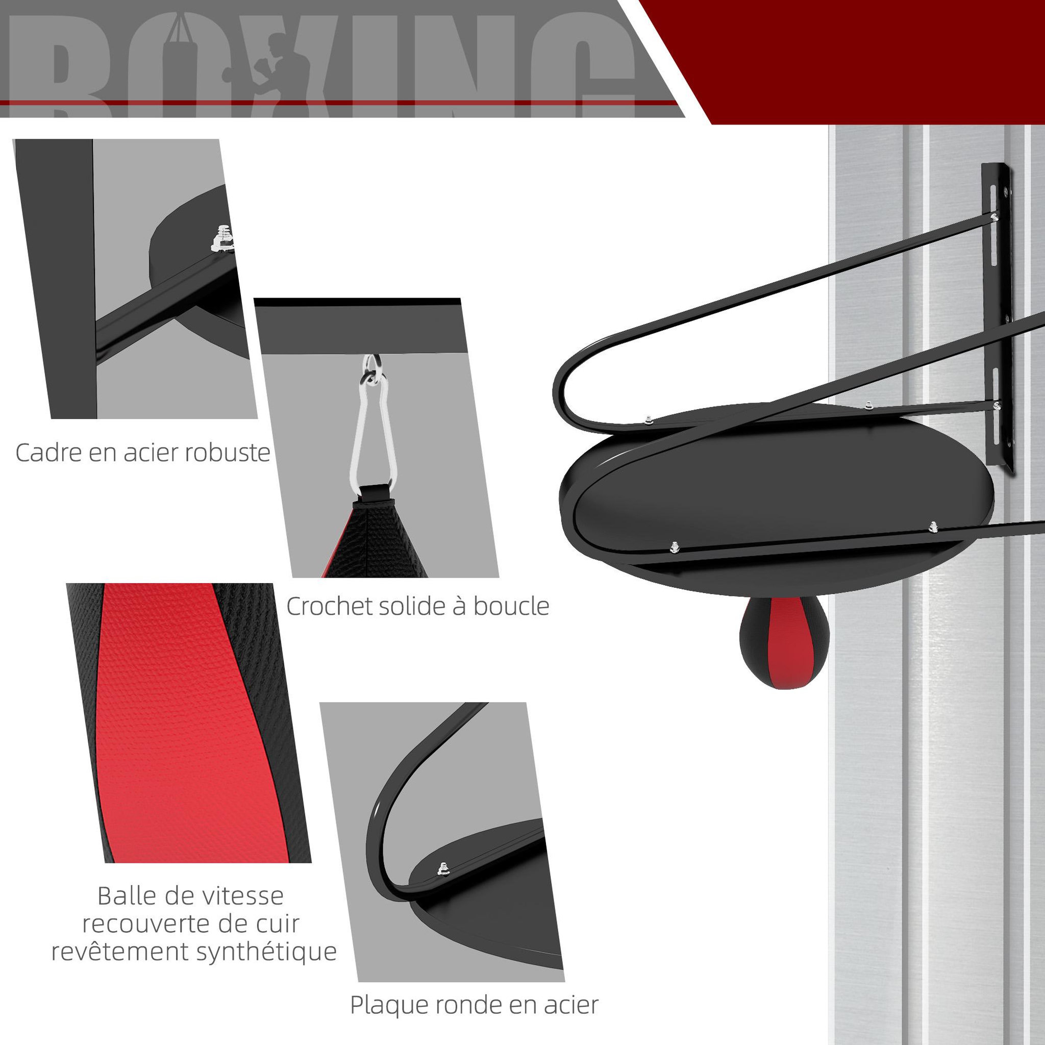 Voir la diapositive 6 : HOMCOM Punching ball poire de vitesse boxe avec support plateau tournant + pompe mdf acier revêtement synthétique rouge noir
