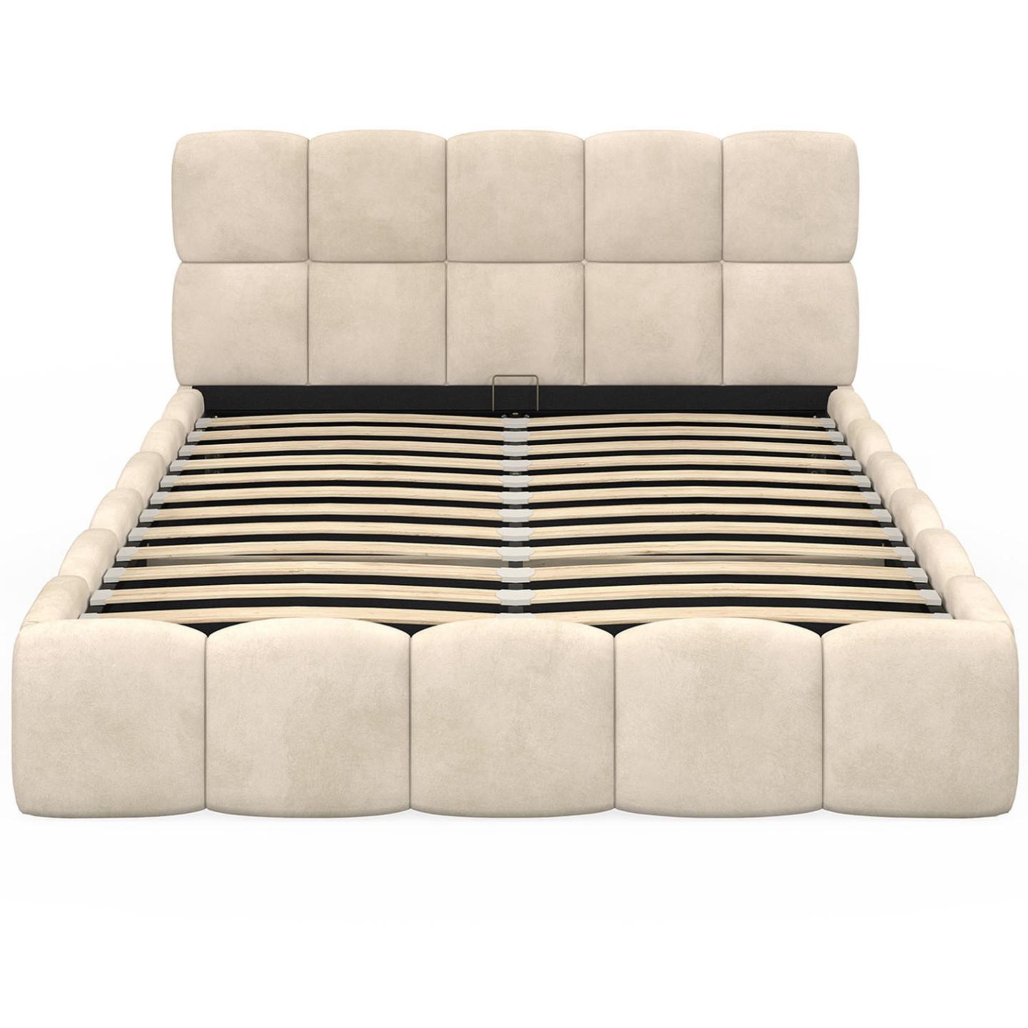 Voir la diapositive 3 : ID MARKET Lit coffre double nuage avec tête de lit matelassée et sommier 140 x 190 cm velours beige