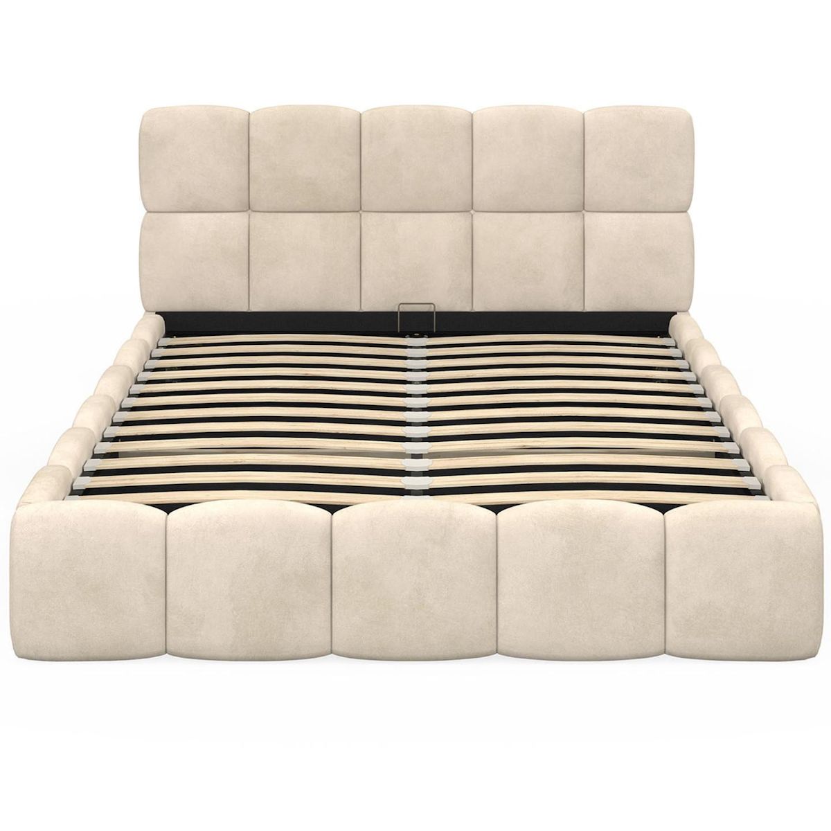 ID MARKET Lit coffre double NUAGE avec tête de lit matelassée et sommier 140 x 190 cm velours beige