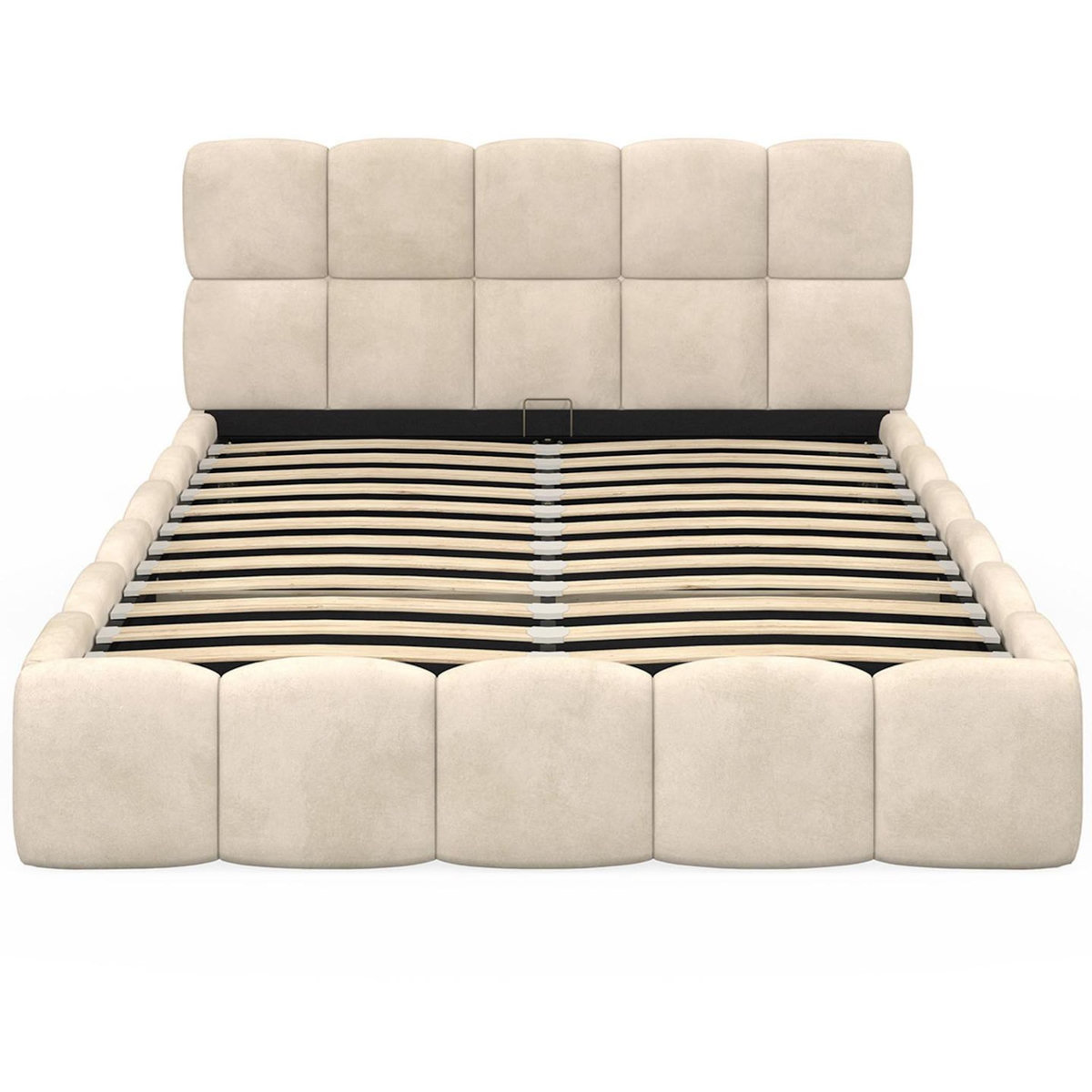 ID MARKET Lit coffre double NUAGE avec tête de lit matelassée et sommier 140 x 190 cm velours beige