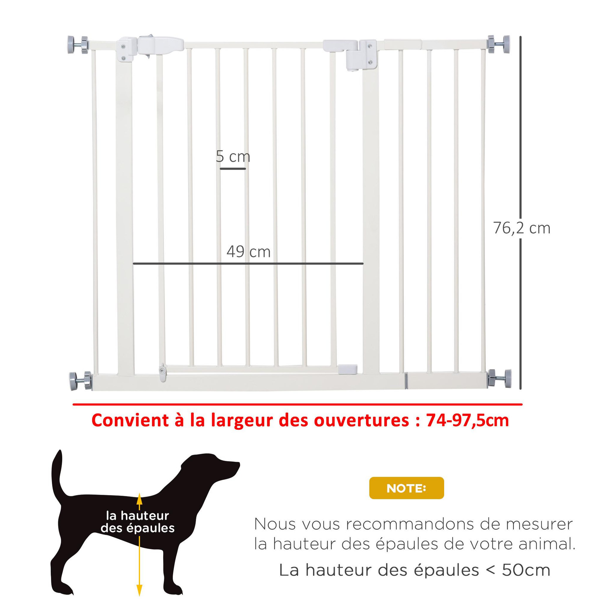 Voir la diapositive 3 : PAWHUT Barrière de sécurité animaux - longueur réglable dim. 74-97,5 cm - porte double verrouillage, ouverture double sens -sans perçage - acier plastique blanc
