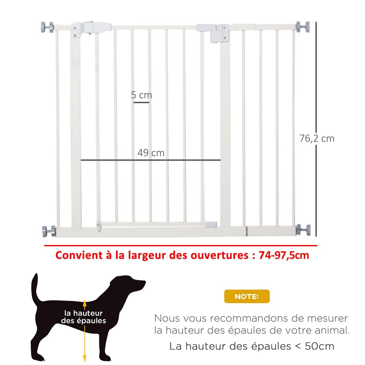 PAWHUT Barrière de sécurité animaux - longueur réglable dim. 74-97,5 cm - porte double verrouillage, ouverture double sens -sans perçage - acier plastique blanc