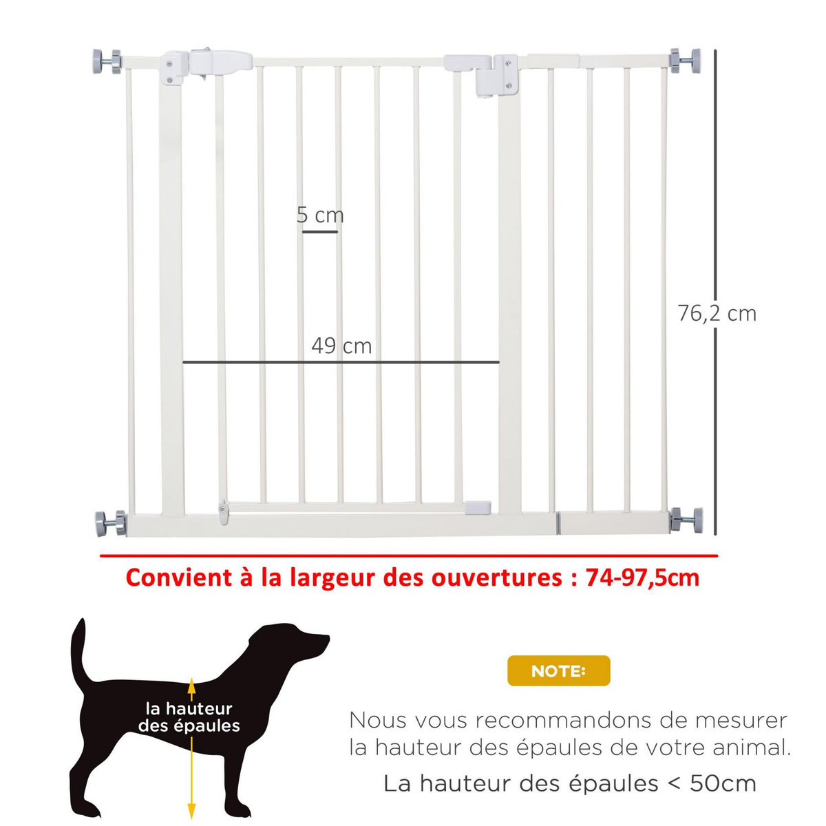 PAWHUT Barrière de sécurité animaux - longueur réglable dim. 74-97,5 cm - porte double verrouillage, ouverture double sens -sans perçage - acier plastique blanc