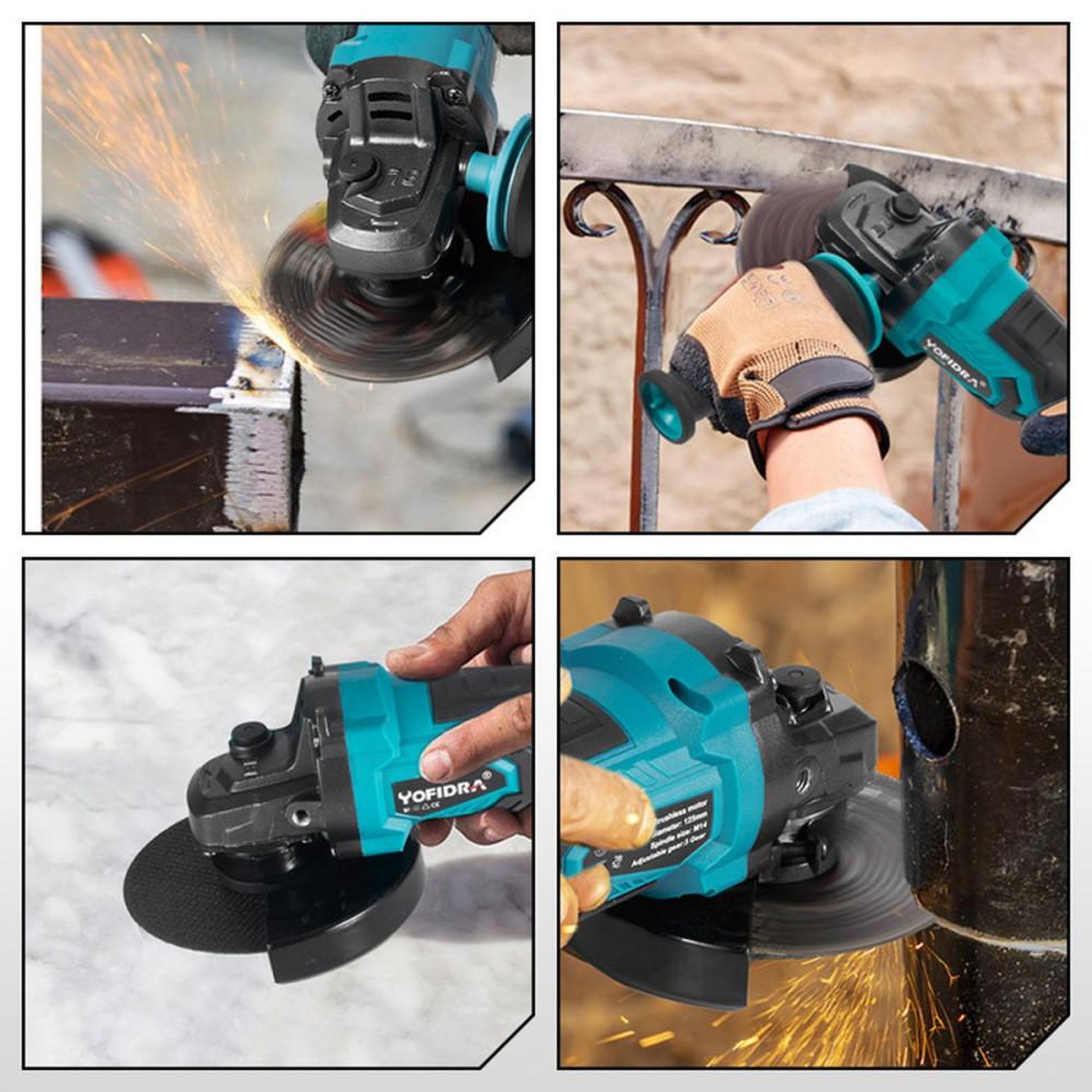 Voir la diapositive 6 : Meuleuse d'angle sans fil 125 mm brushless 850 W, 3 vitesses YOFIDRA, jusqu'à 8000 tr/min, interrupteur à pression variable