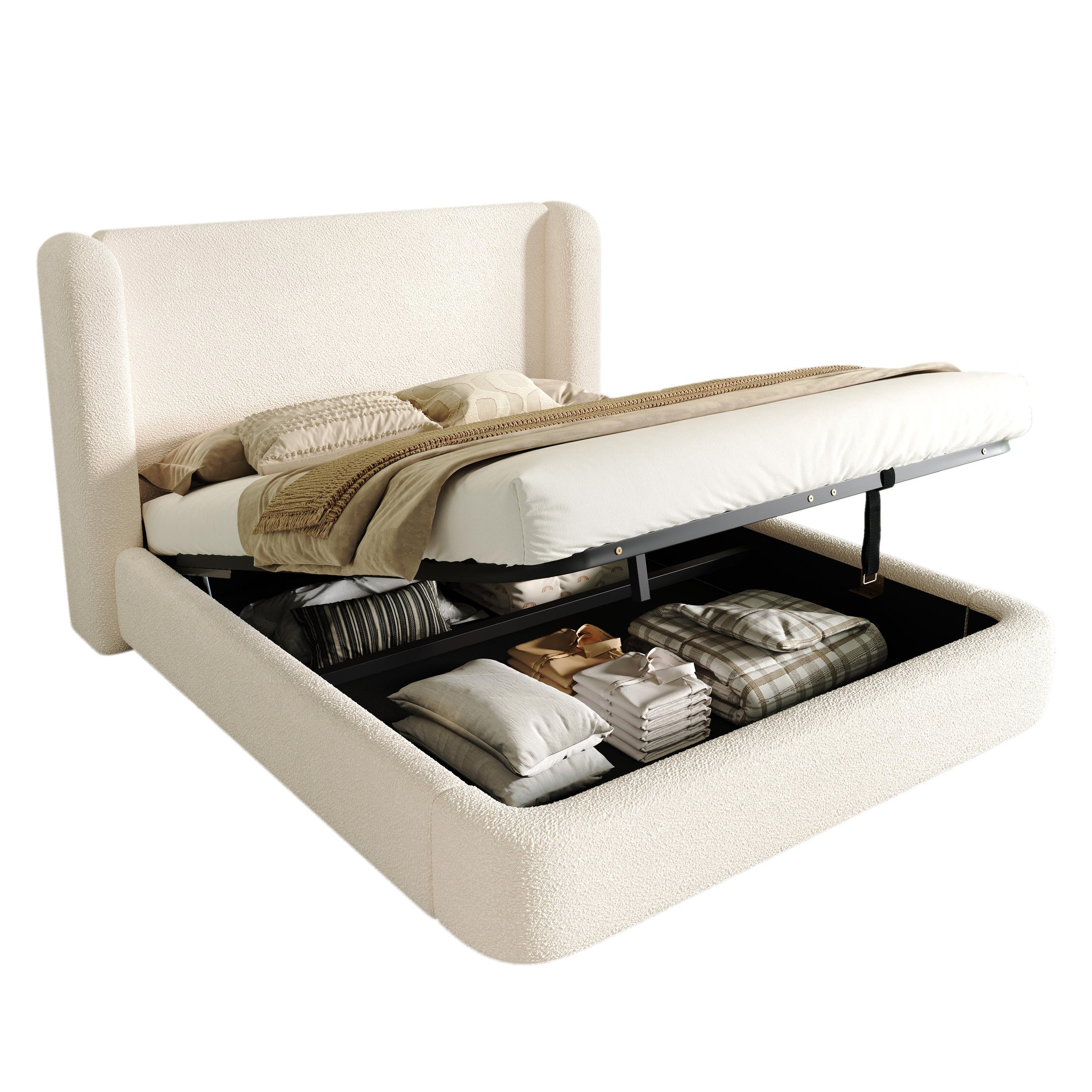 MERAX Lit coffre avec sommier à lattes et tête de lit rembourrée, boucle beige. Coloris disponibles : Beige