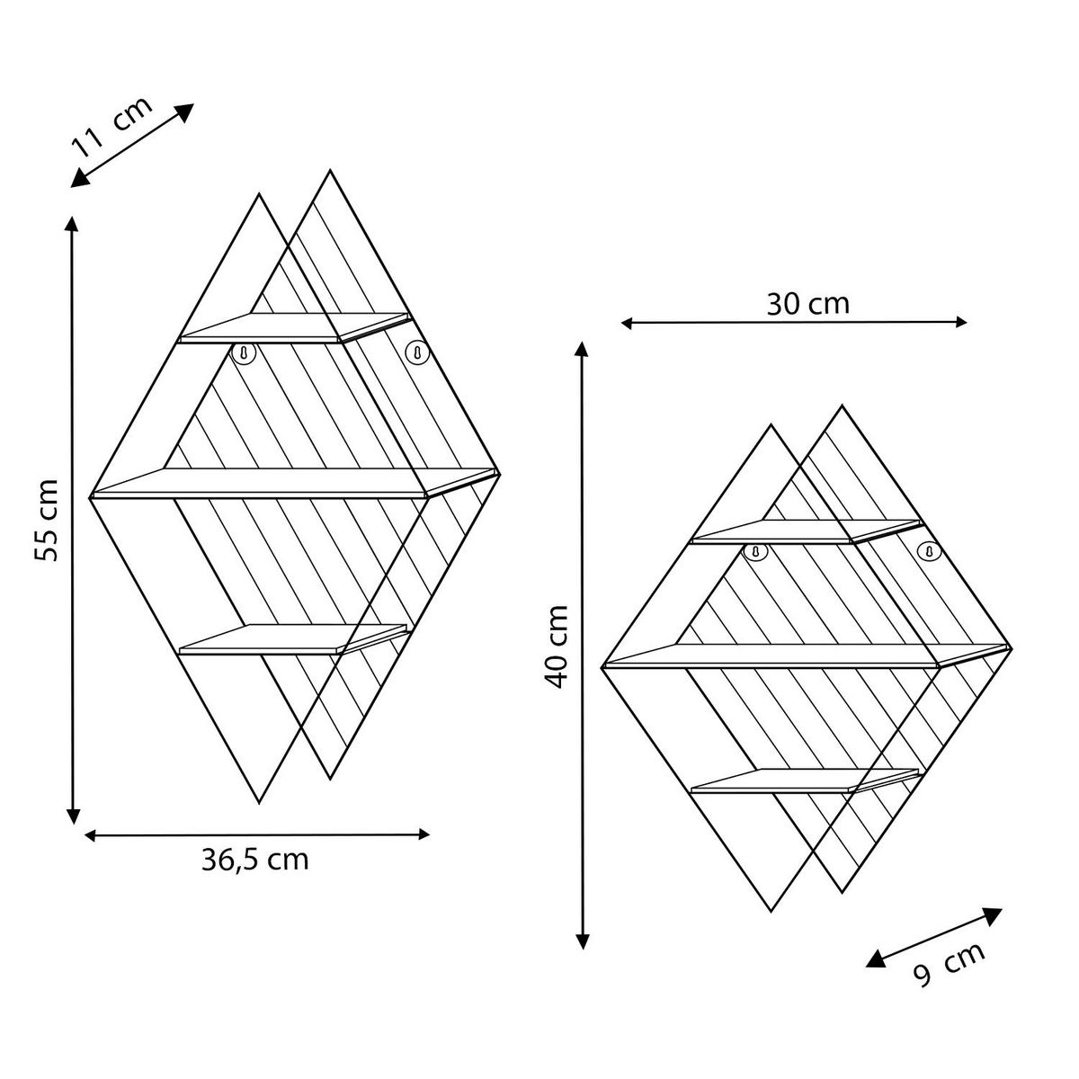 VS VENTA-STOCK Set de 2 étagères murales Diamante en métal noir et bois de paulownia