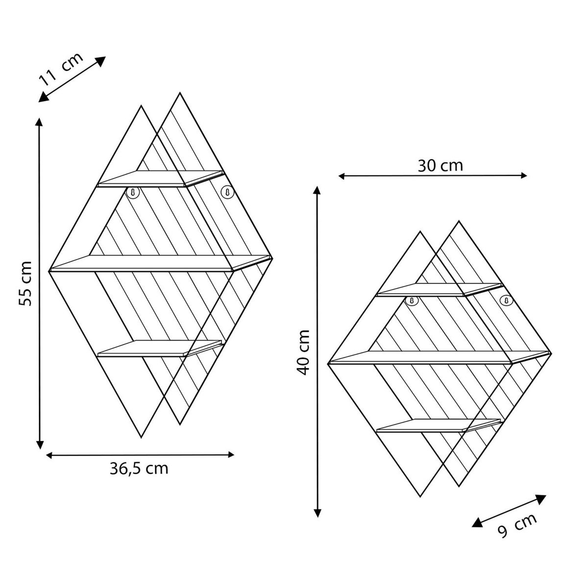 VS VENTA-STOCK Set de 2 étagères murales Diamante en métal noir et bois de paulownia