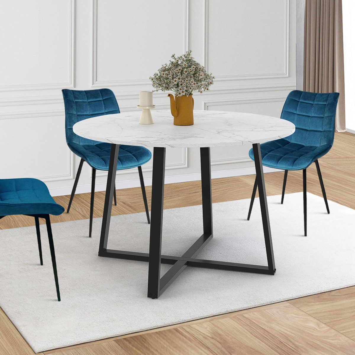 ID MARKET Table à manger extensible ronde SELMA 4-8 personnes noir et plateau marbre blanc ALASKA 110-150 cm