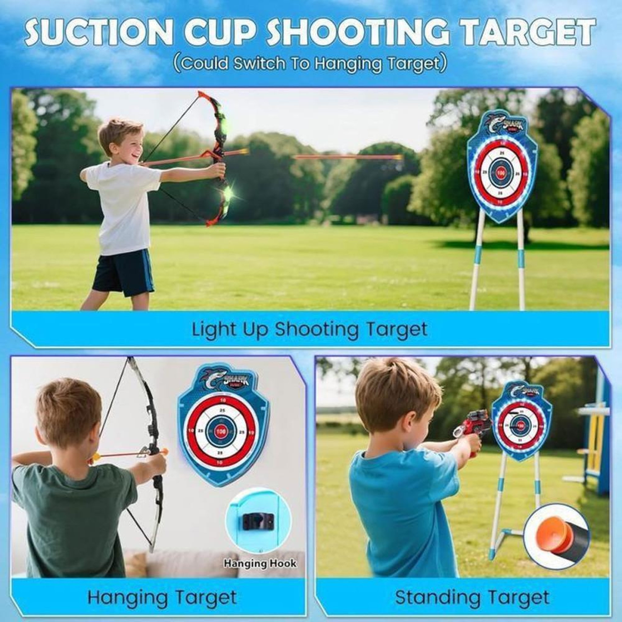 Voir la diapositive 3 : Jeu de tir à l'arc LED 2 joueurs pour enfants 5-12 : arcs lumineux, cible requin phosphorescente, flèches à ventouses et plateau de fléchettes adhésif