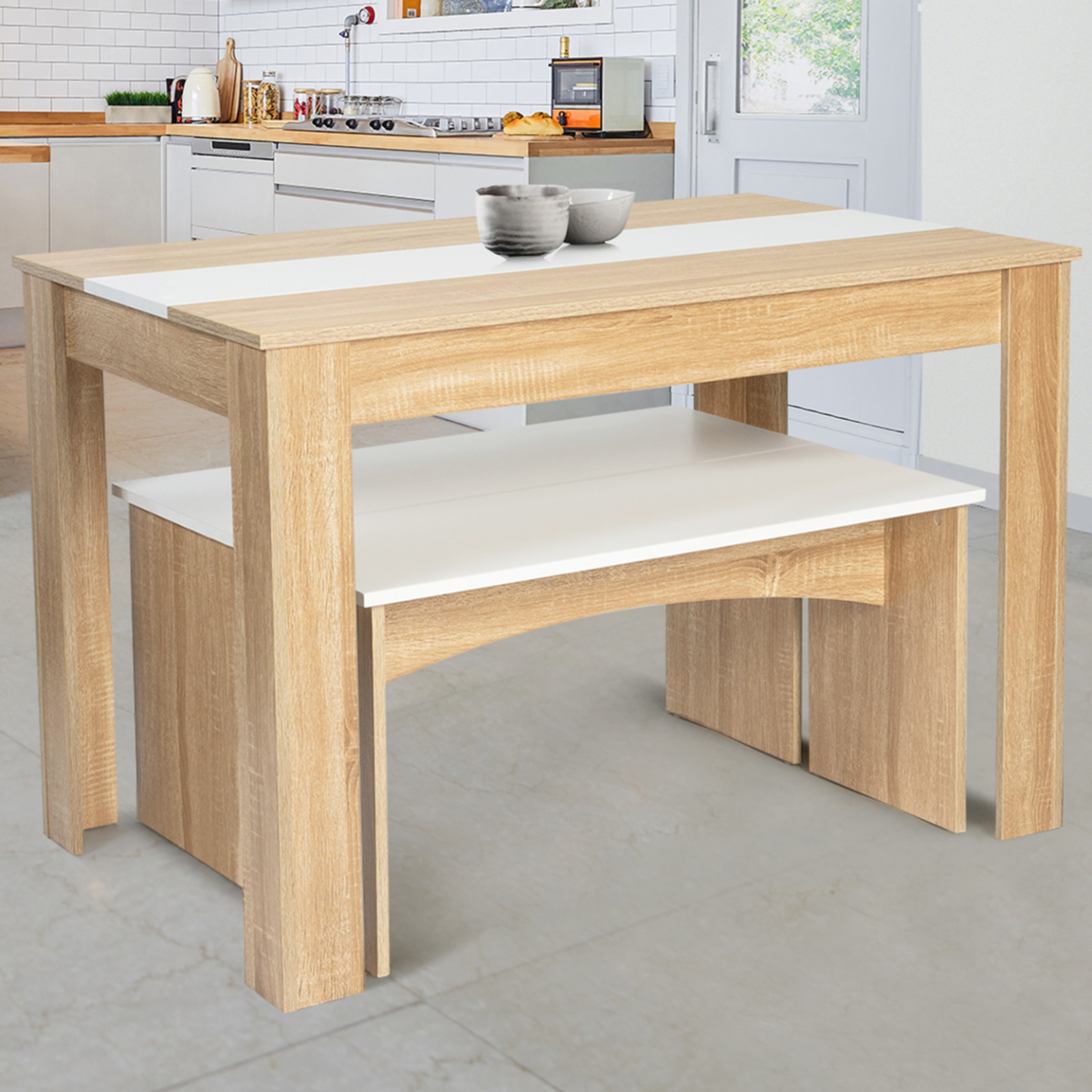 ID MARKET Ensemble table à manger et 2 bancs ROZY 4 personnes façon hêtre et blanc 110 cm