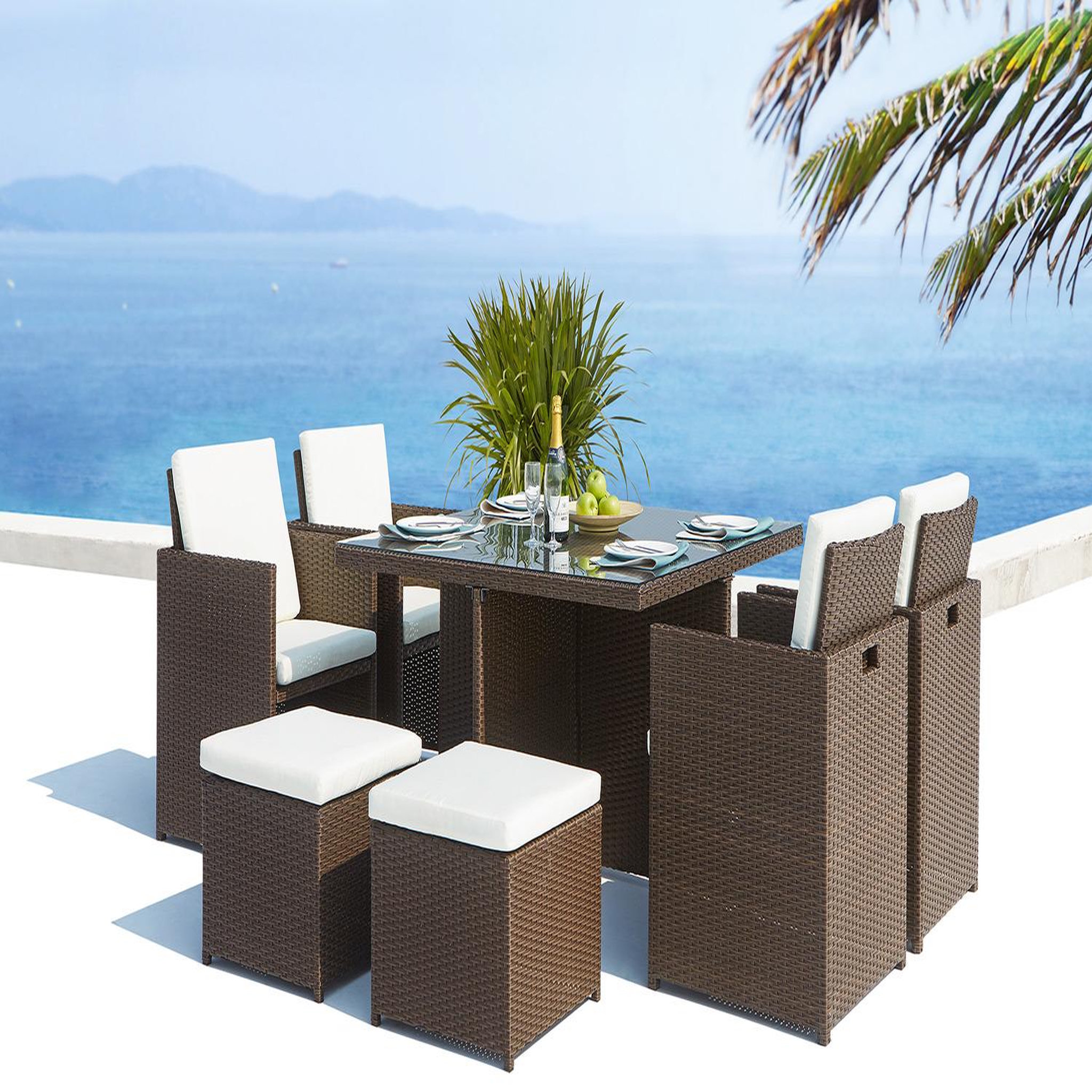 Voir la diapositive 2 : CONCEPT USINE Table et chaises 8 places encastrables résine marron-blanc monaco