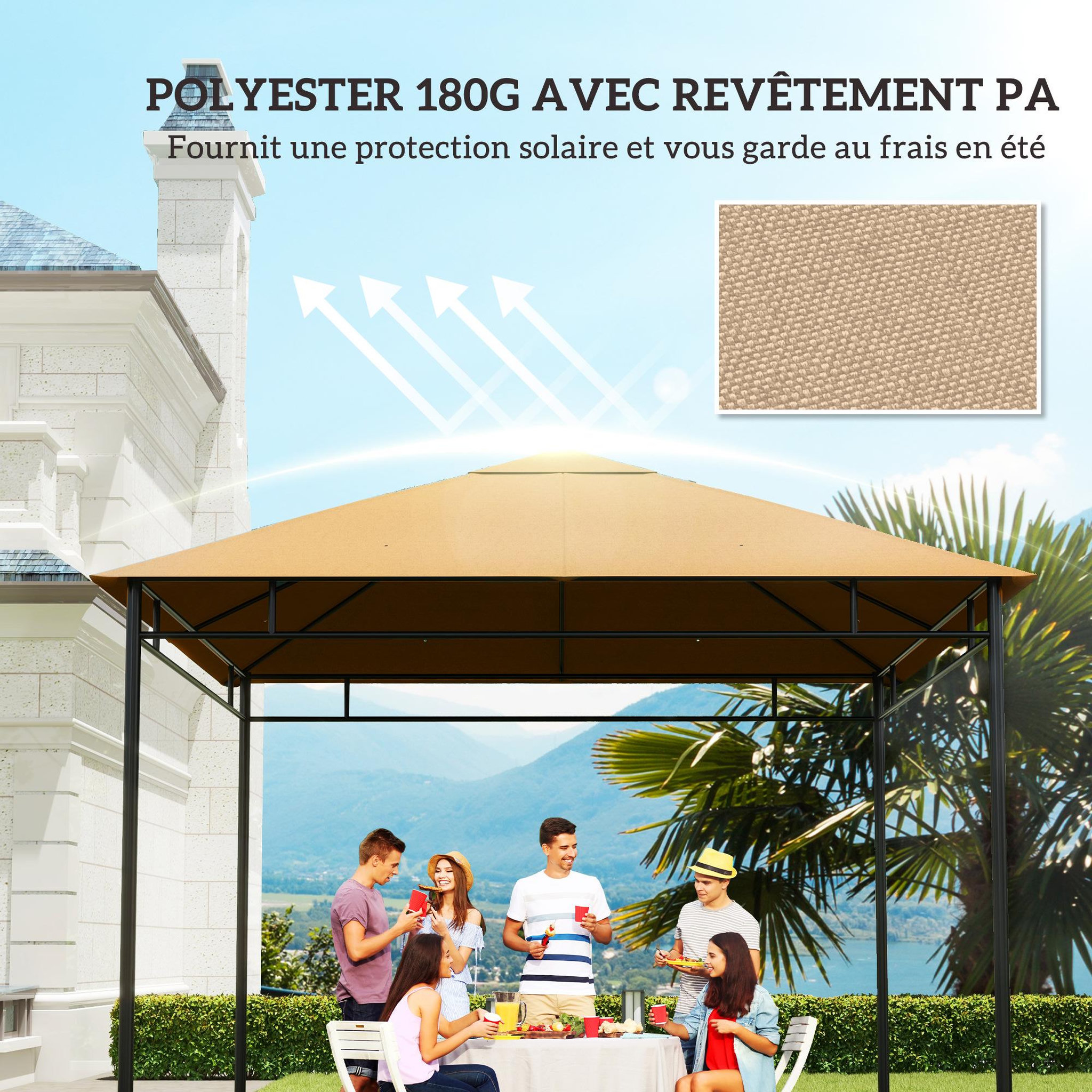 Voir la diapositive 5 : OUTSUNNY Toile de rechange pour pavillon tonnelle tente 3 x 3 m polyester haute densité 180 g/m² revêtement PA anti-UV beige