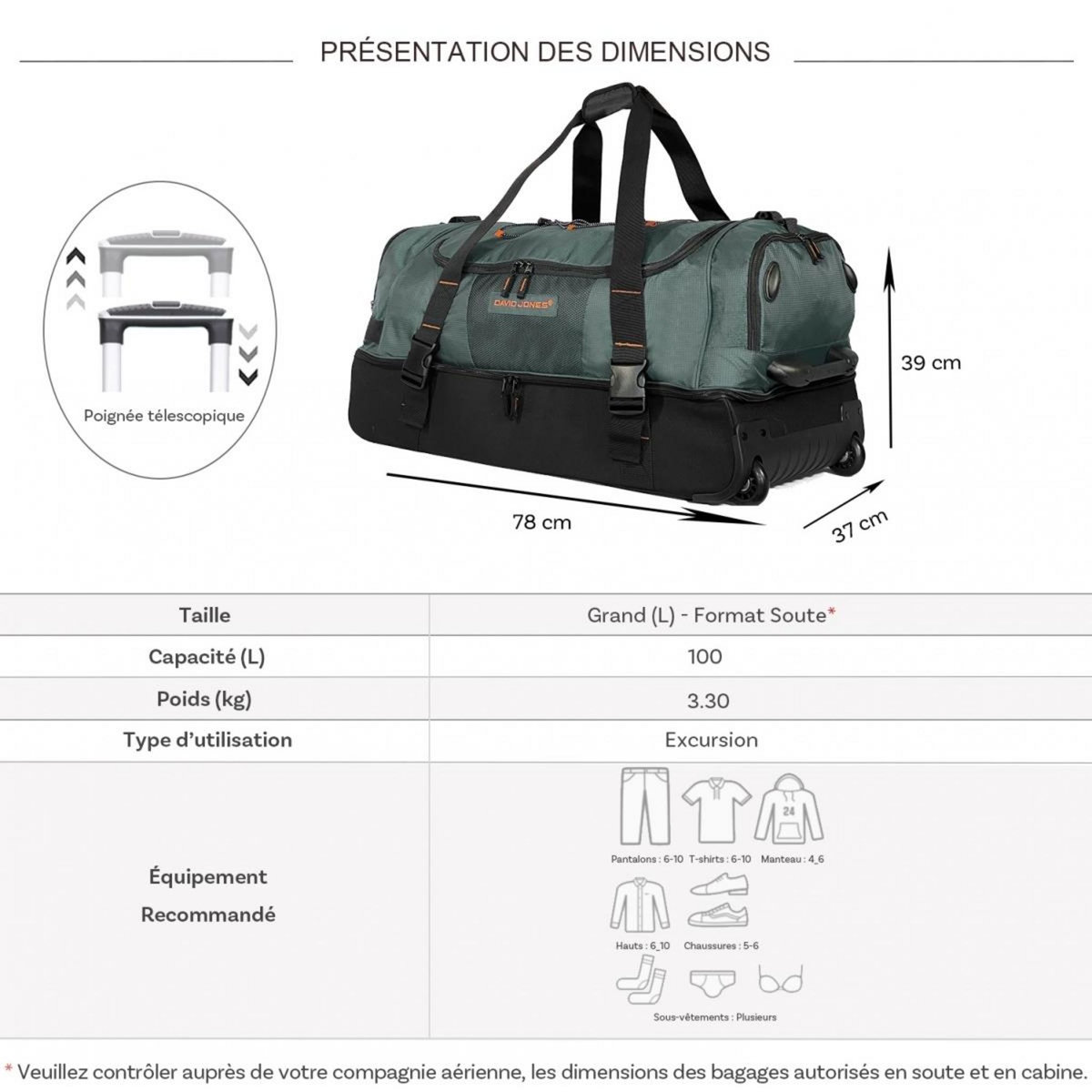 David Jones Sac de voyage à roulettes 100L double compartiment 78cm