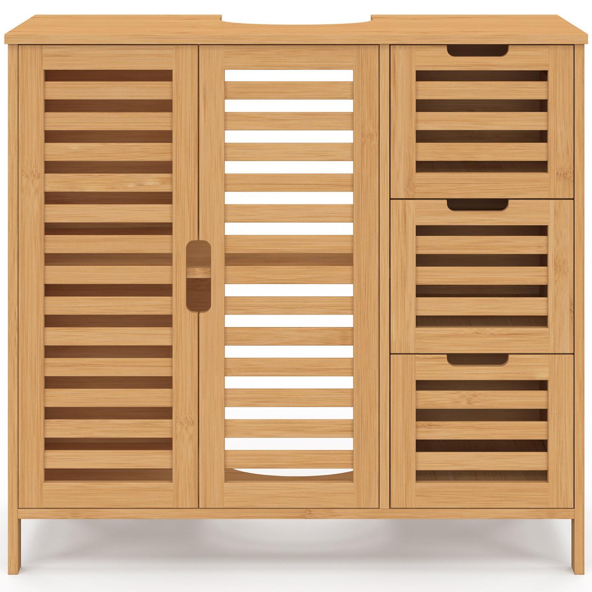 Voir la diapositive 3 : ID MARKET Meuble sous lavabo salle de bain bambou bea avec placard et 3 tiroirs