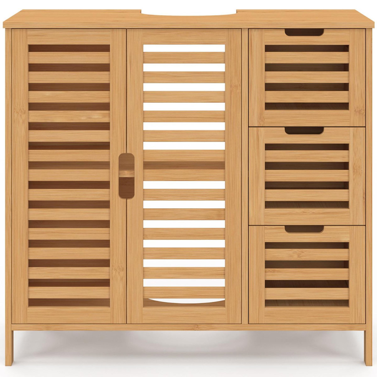 ID MARKET Meuble sous lavabo salle de bain bambou BEA avec placard et 3 tiroirs