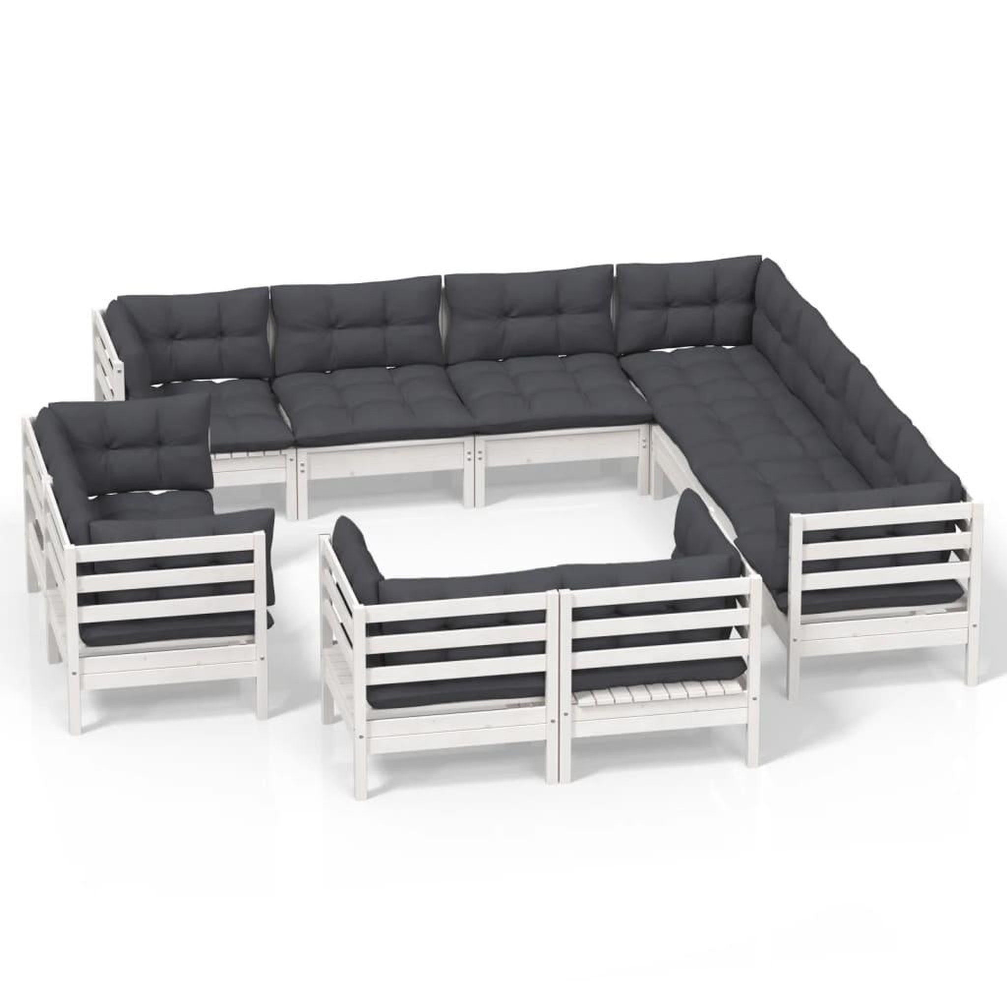 Voir la diapositive 2 : VIDAXL Salon de jardin 11 pcs avec coussins blanc bois de pin solide