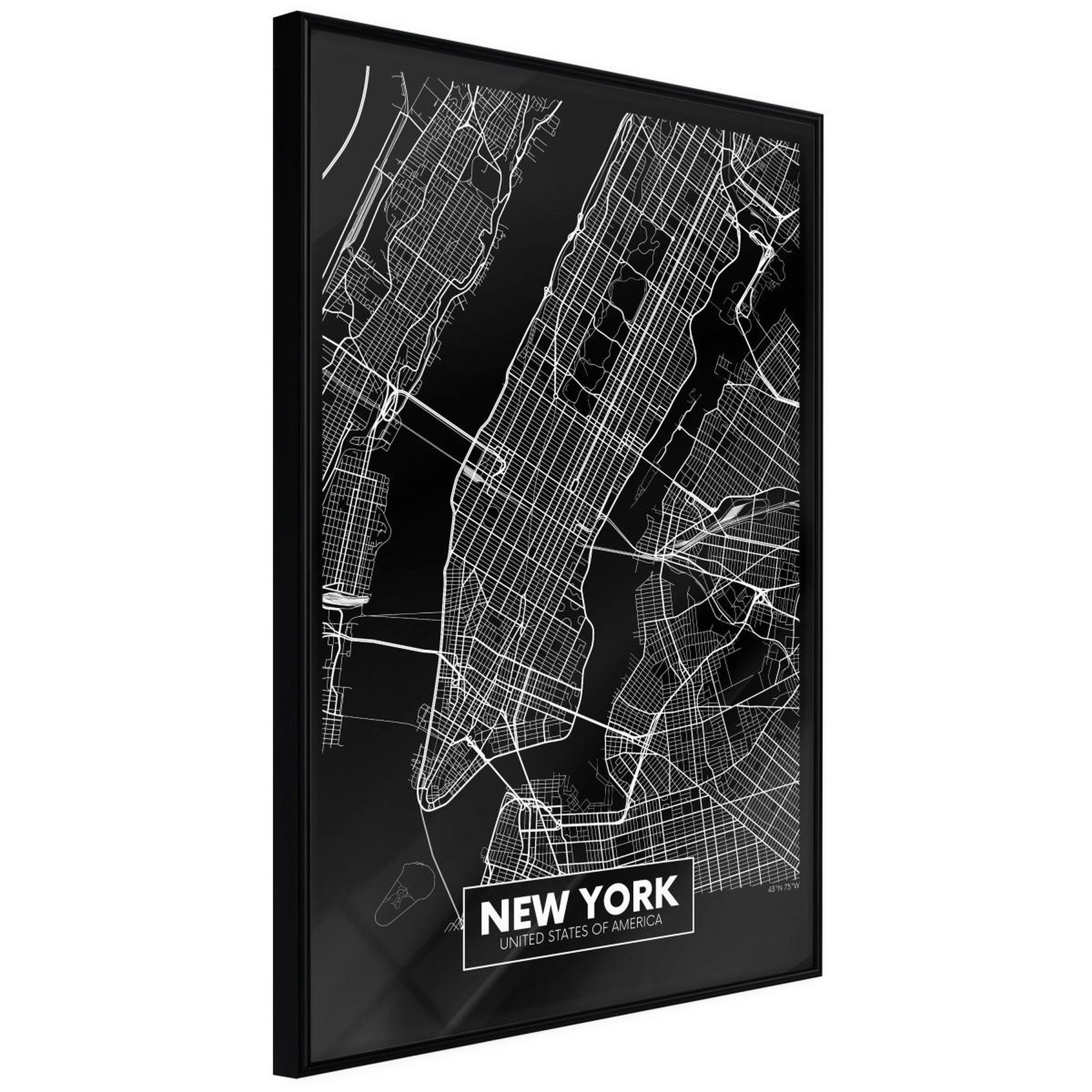 Paris Prix Affiche murale encadrée  city map new york dark. Coloris disponibles : Jaune, Noir