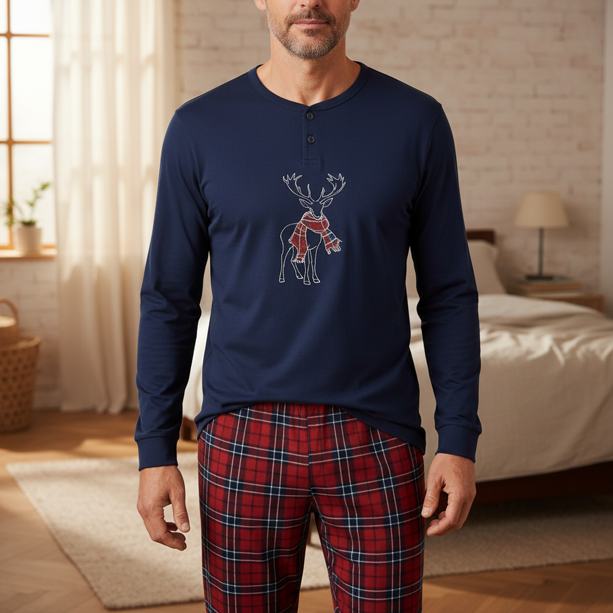 Voir la diapositive 2 : OZABI Ozabi ensemble pyjama homme coton majoritaire broderie cerf écossais
