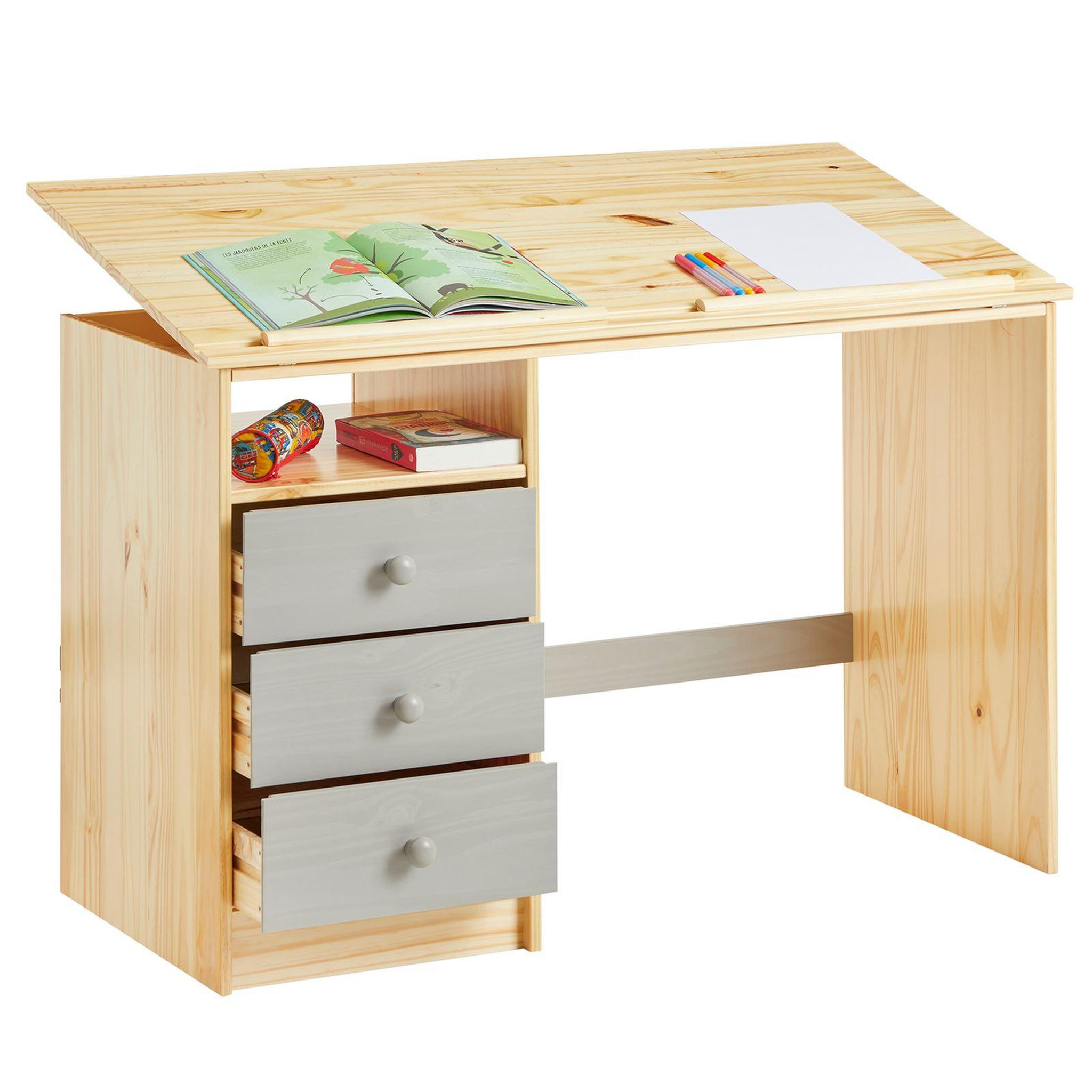 Voir la diapositive 4 : IDIMEX Bureau enfant KEVIN, en pin massif, 3 tiroirs et plateau inclinable